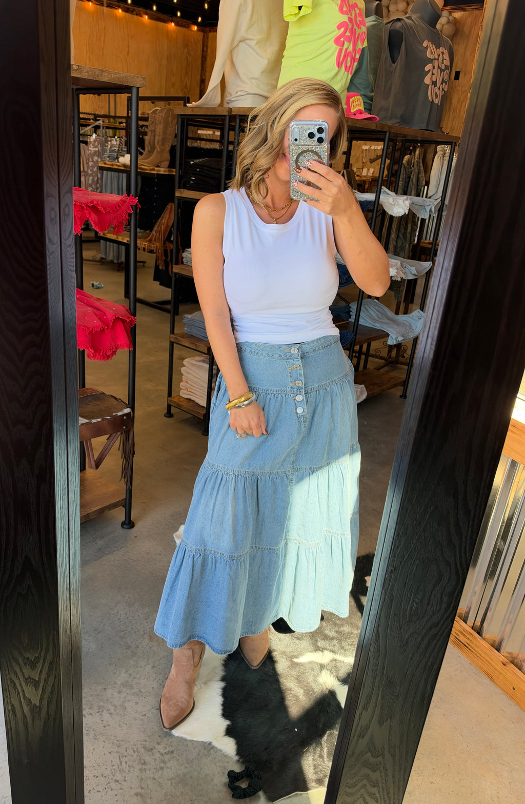 Western Ruffle Hem Denim Skirt