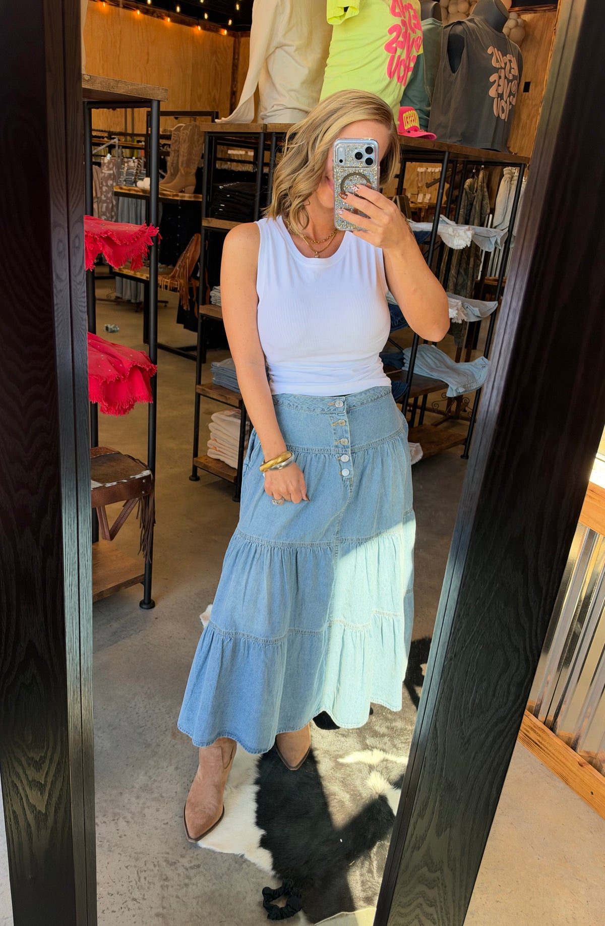 Western Ruffle Hem Denim Skirt