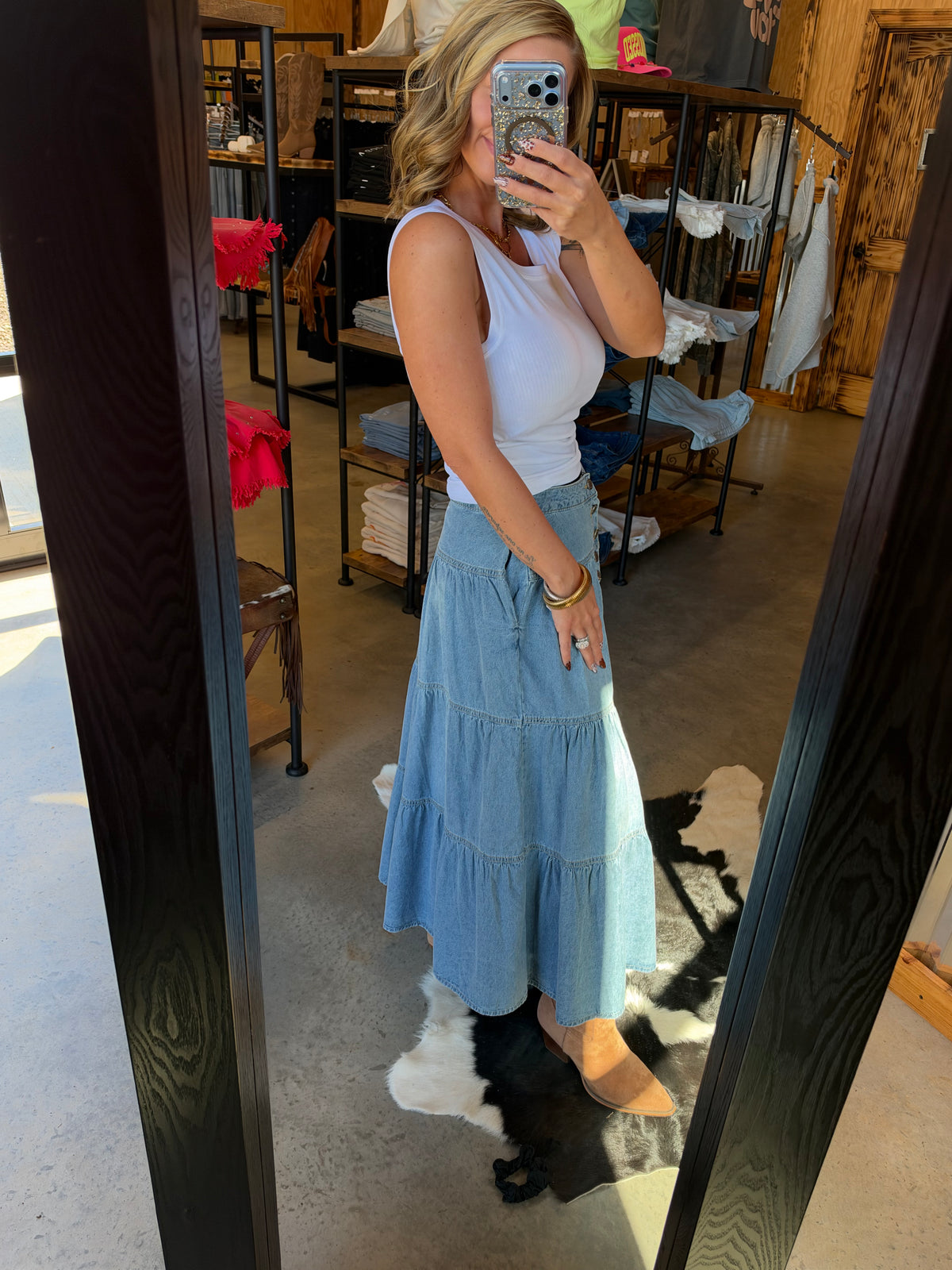 Western Ruffle Hem Denim Skirt