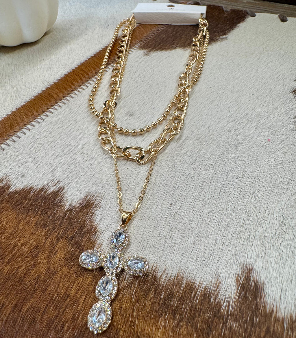 Rhinestone Cross Multilayer Necklace