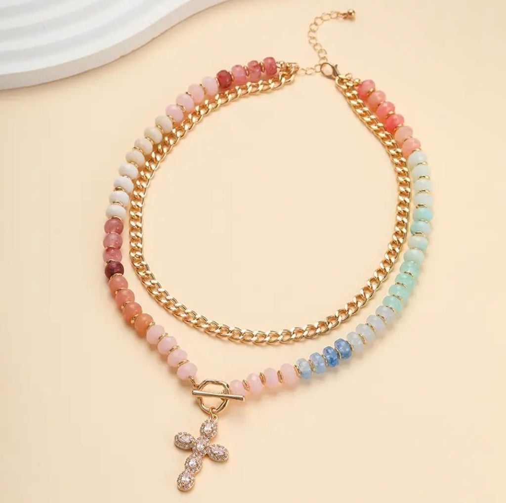 Multi Layered Beaded Cross Necklace