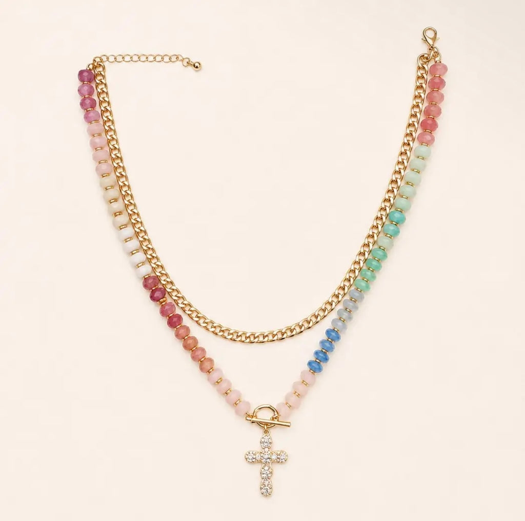 Multi Layered Beaded Cross Necklace