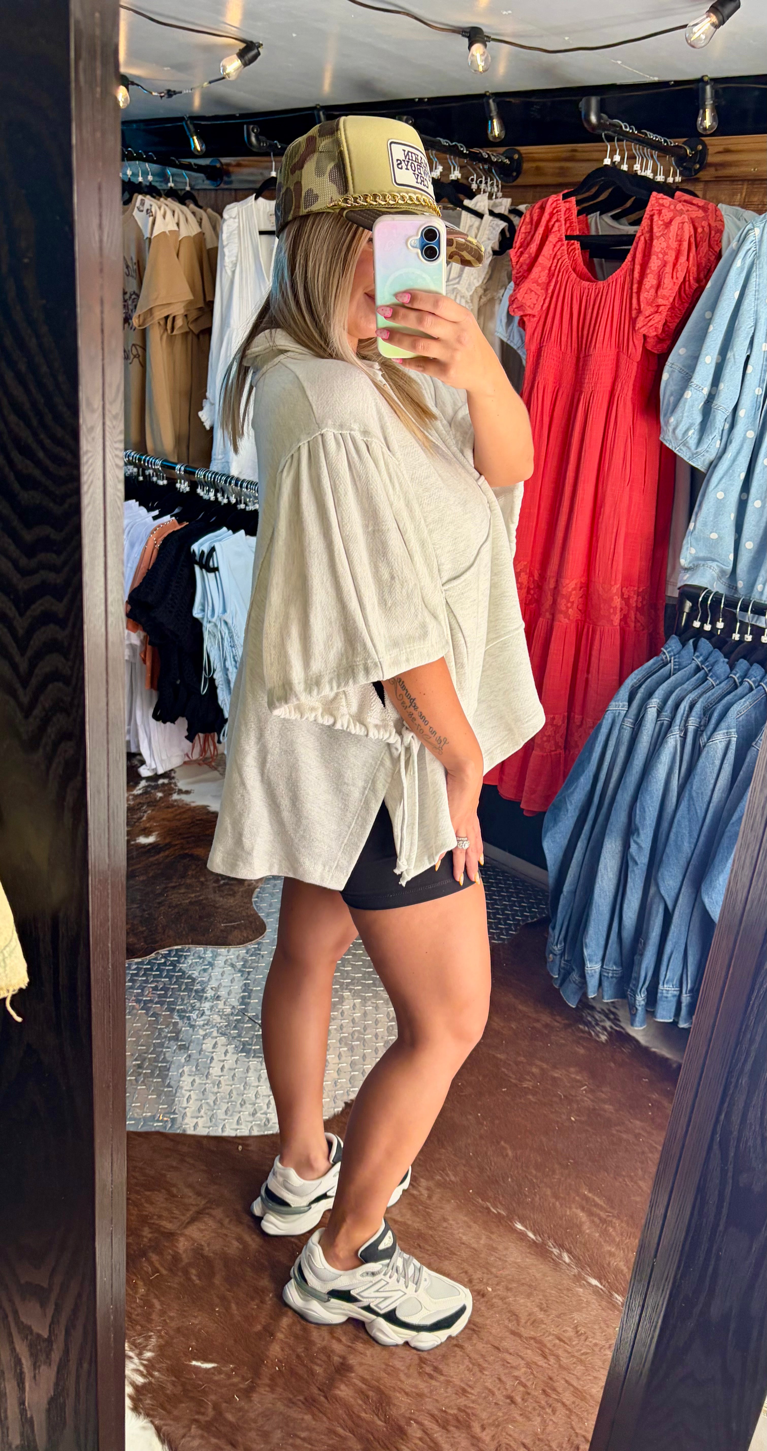 Oversized Drawstring Tie Sleeve Top