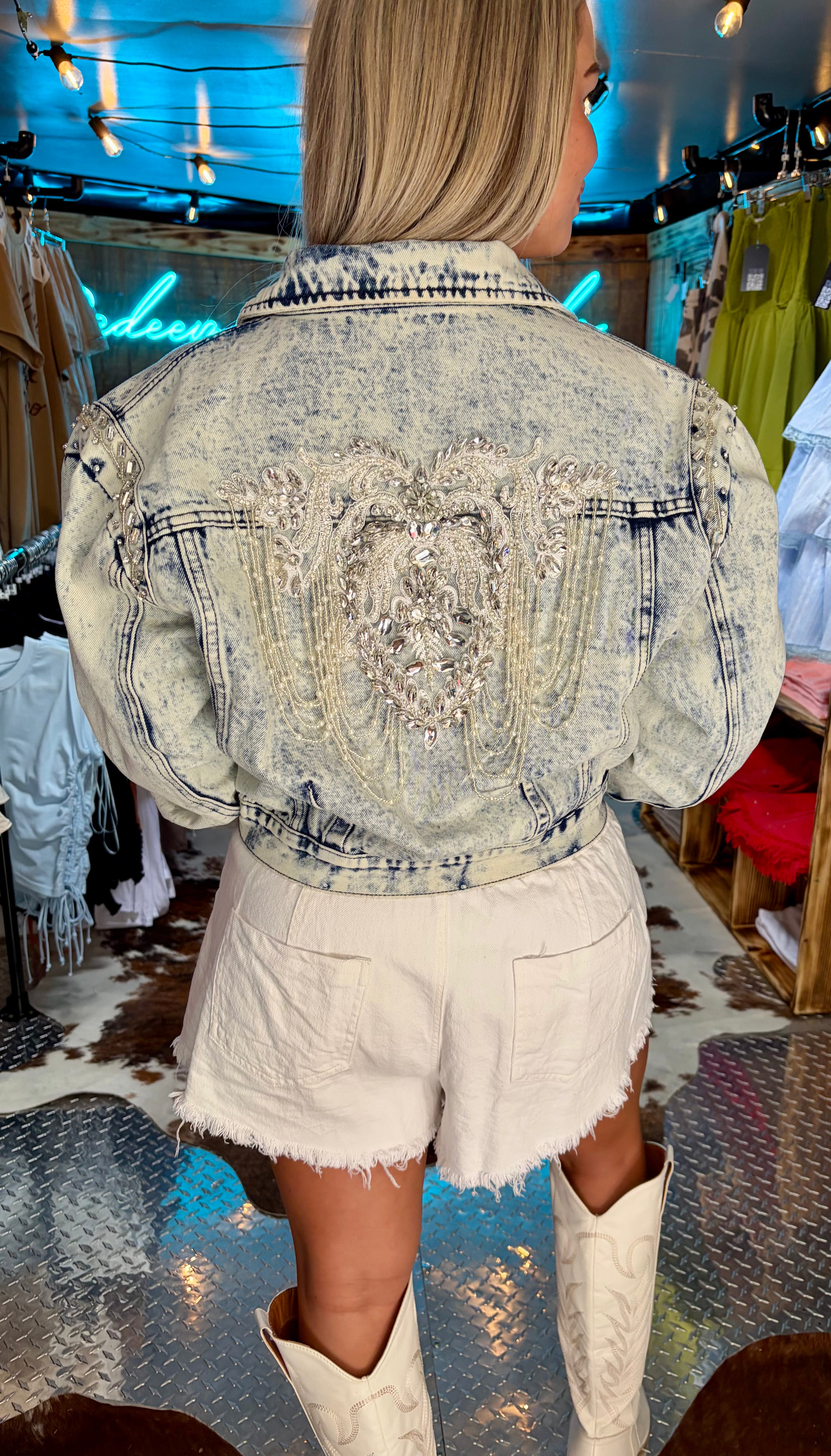 The Megan Acid Washed Embellished Beading Denim Jacket