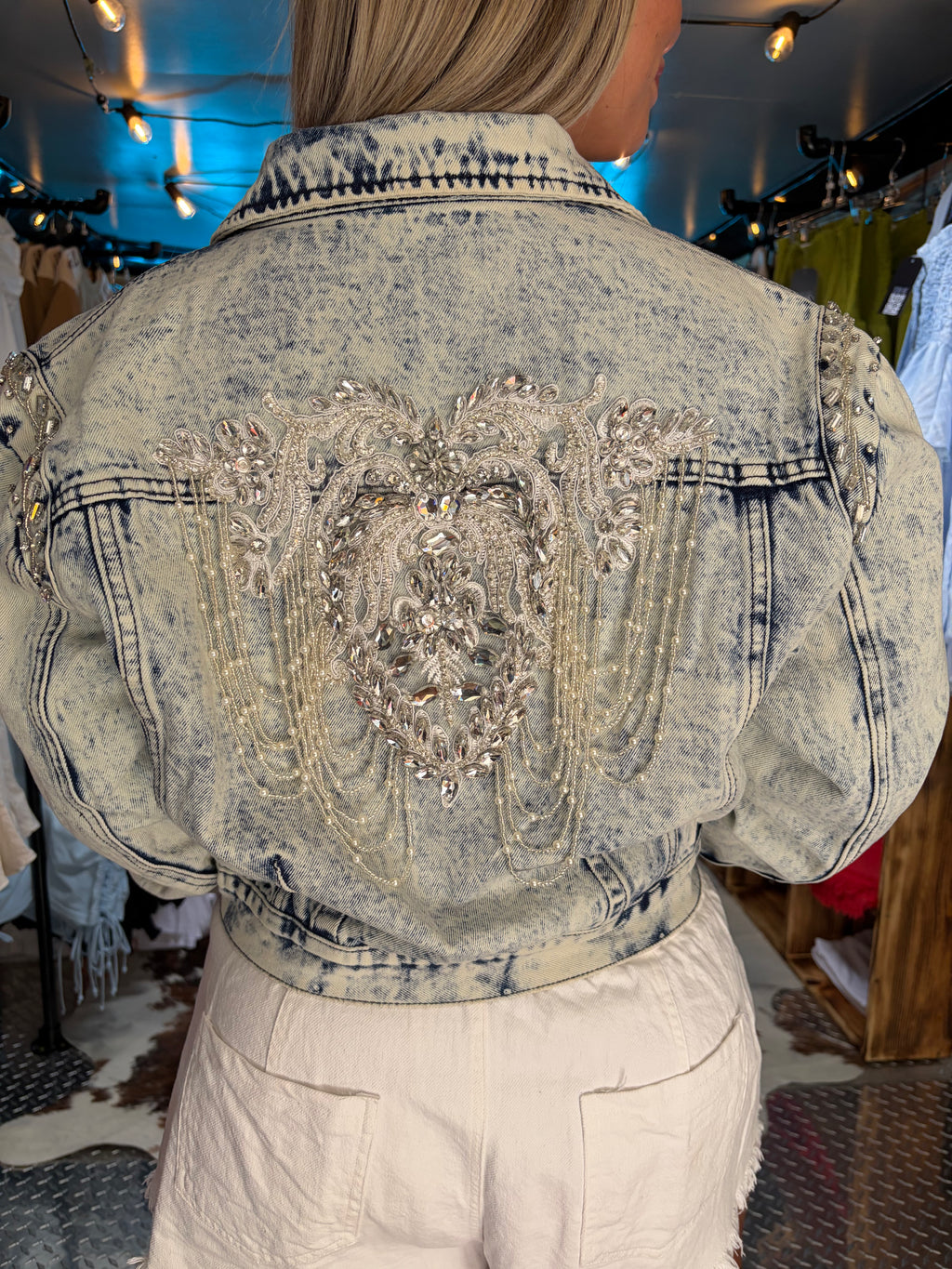 The Megan Acid Washed Embellished Beading Denim Jacket