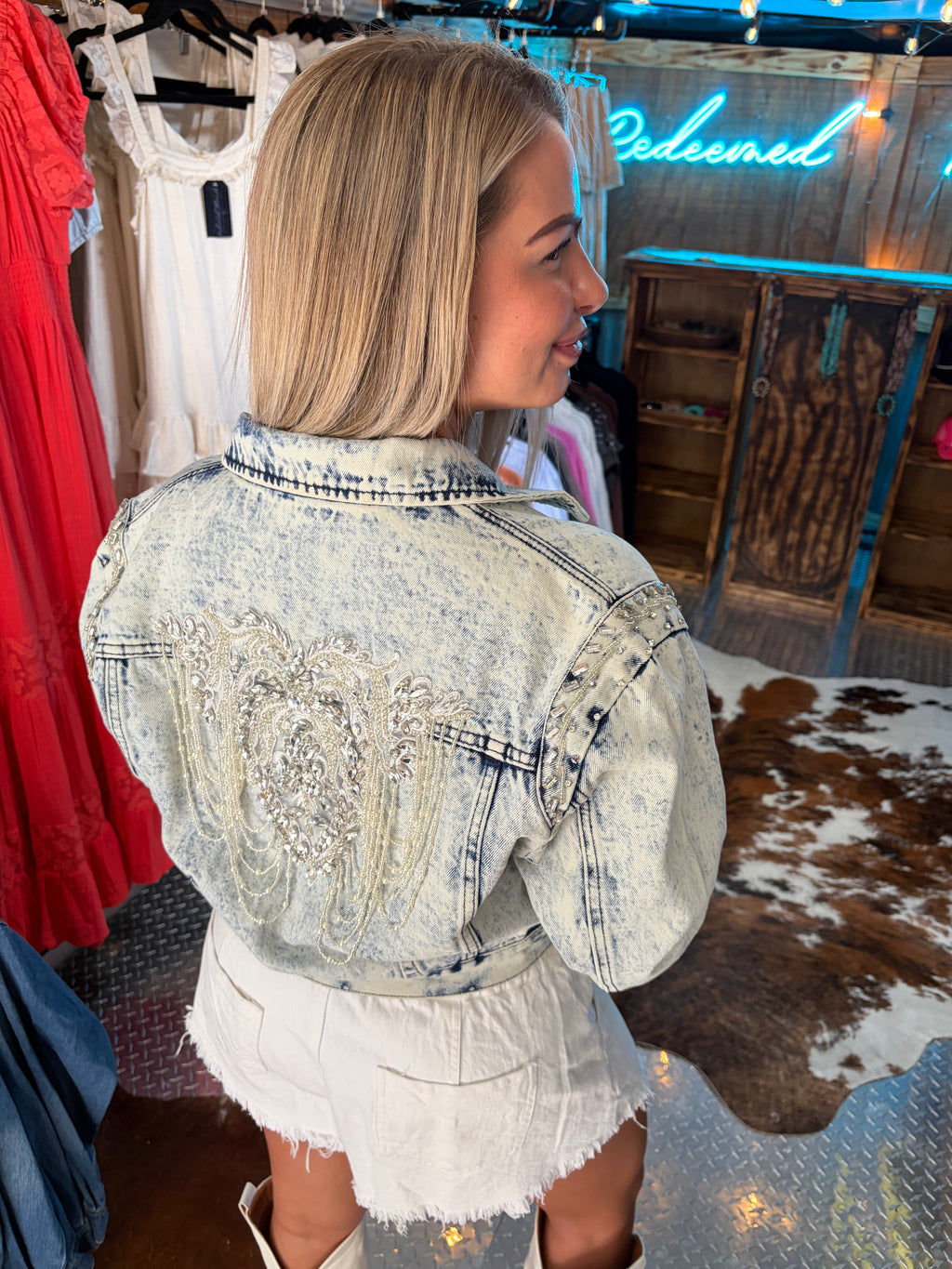 The Megan Acid Washed Embellished Beading Denim Jacket