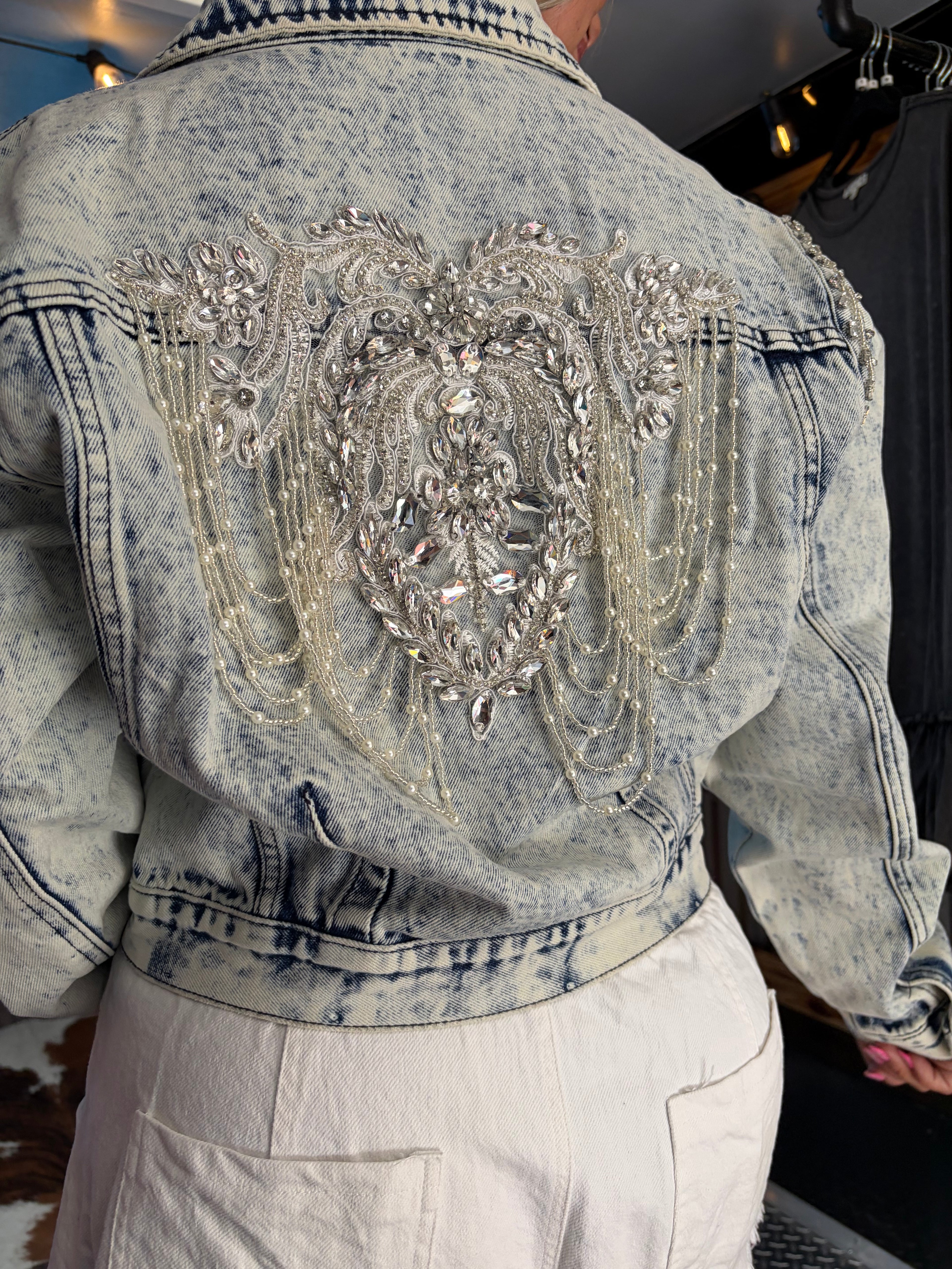 The Megan Acid Washed Embellished Beading Denim Jacket