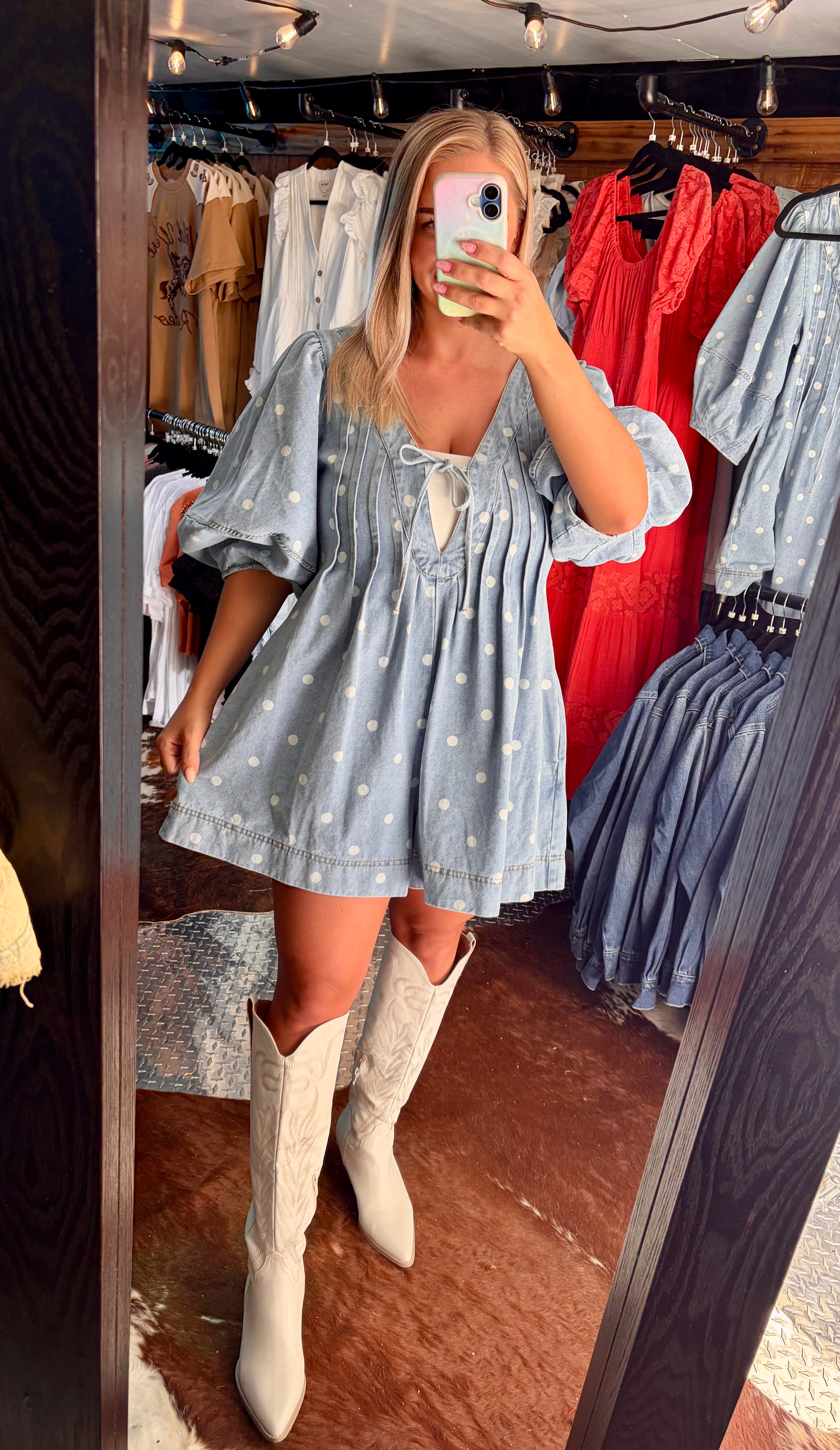 Pleated Polka Dot Denim Romper w/ Front Tie