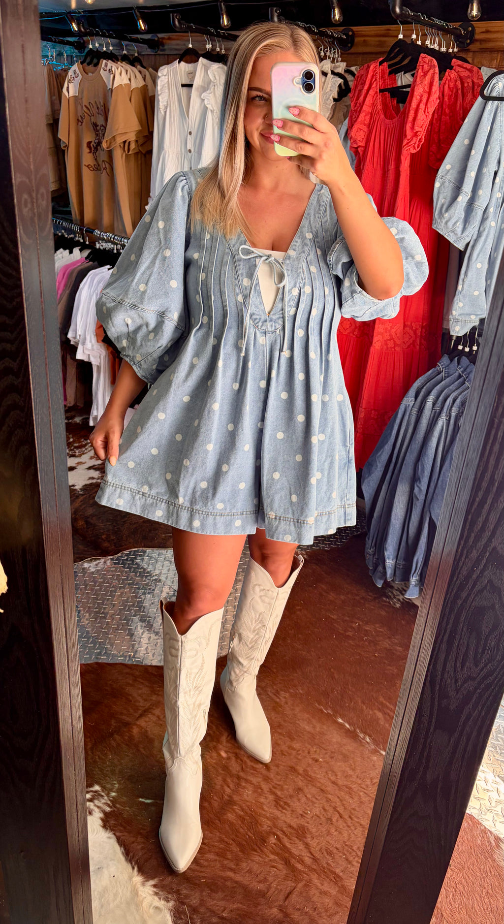 Pleated Polka Dot Denim Romper w/ Front Tie