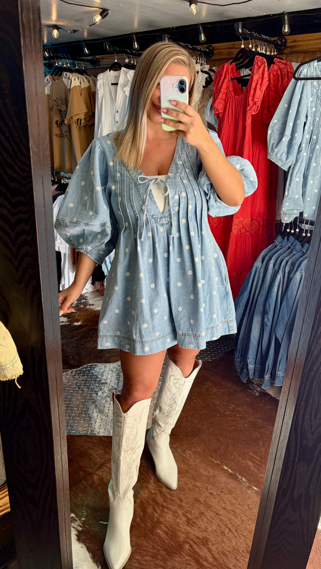 Pleated Polka Dot Denim Romper w/ Front Tie