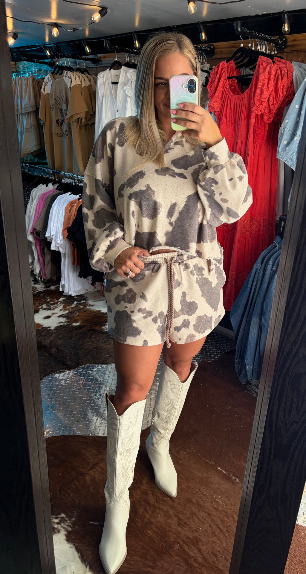 Cow Print Low Hem Crop & Shorts Set