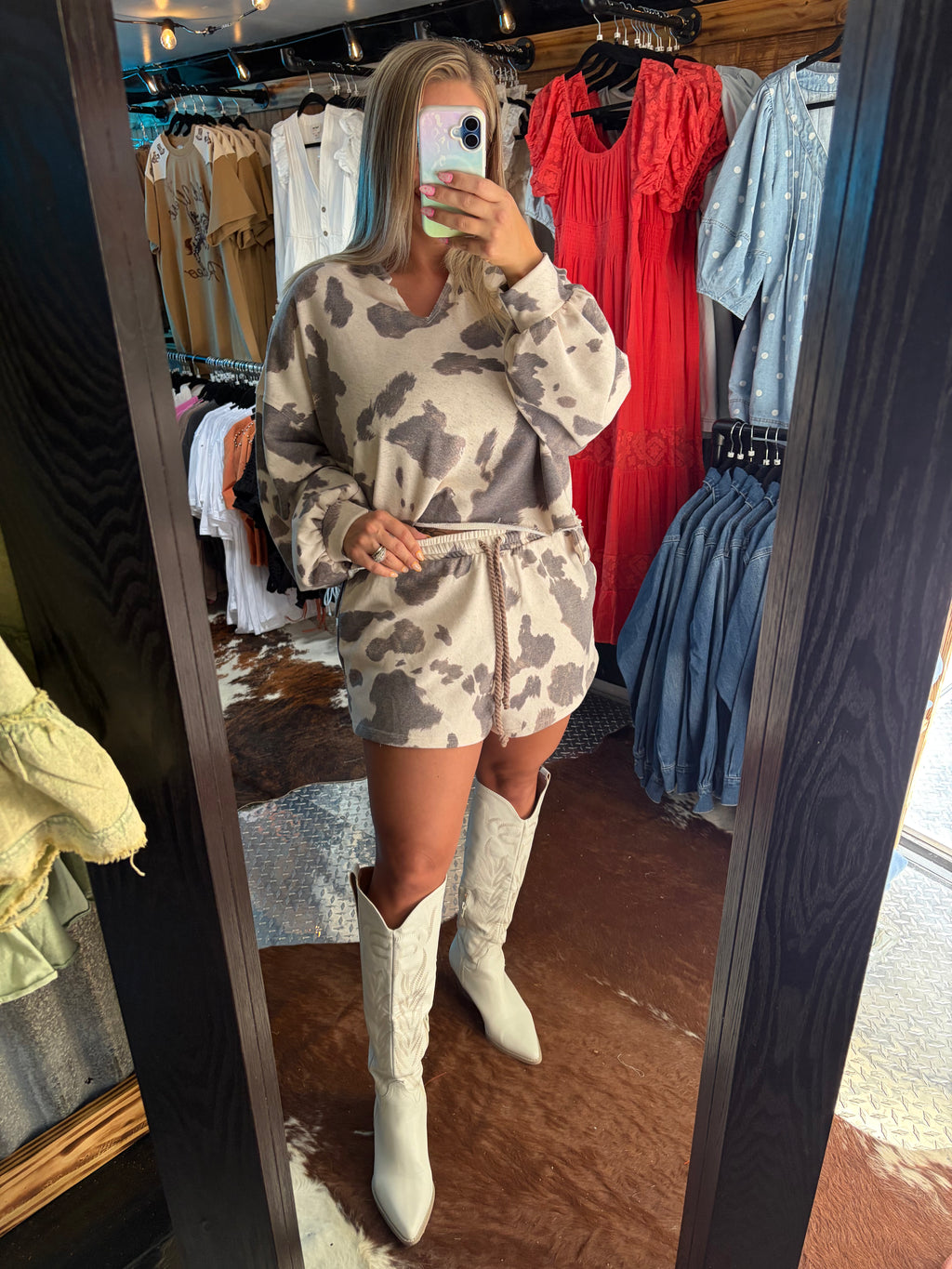 Cow Print Low Hem Crop & Shorts Set