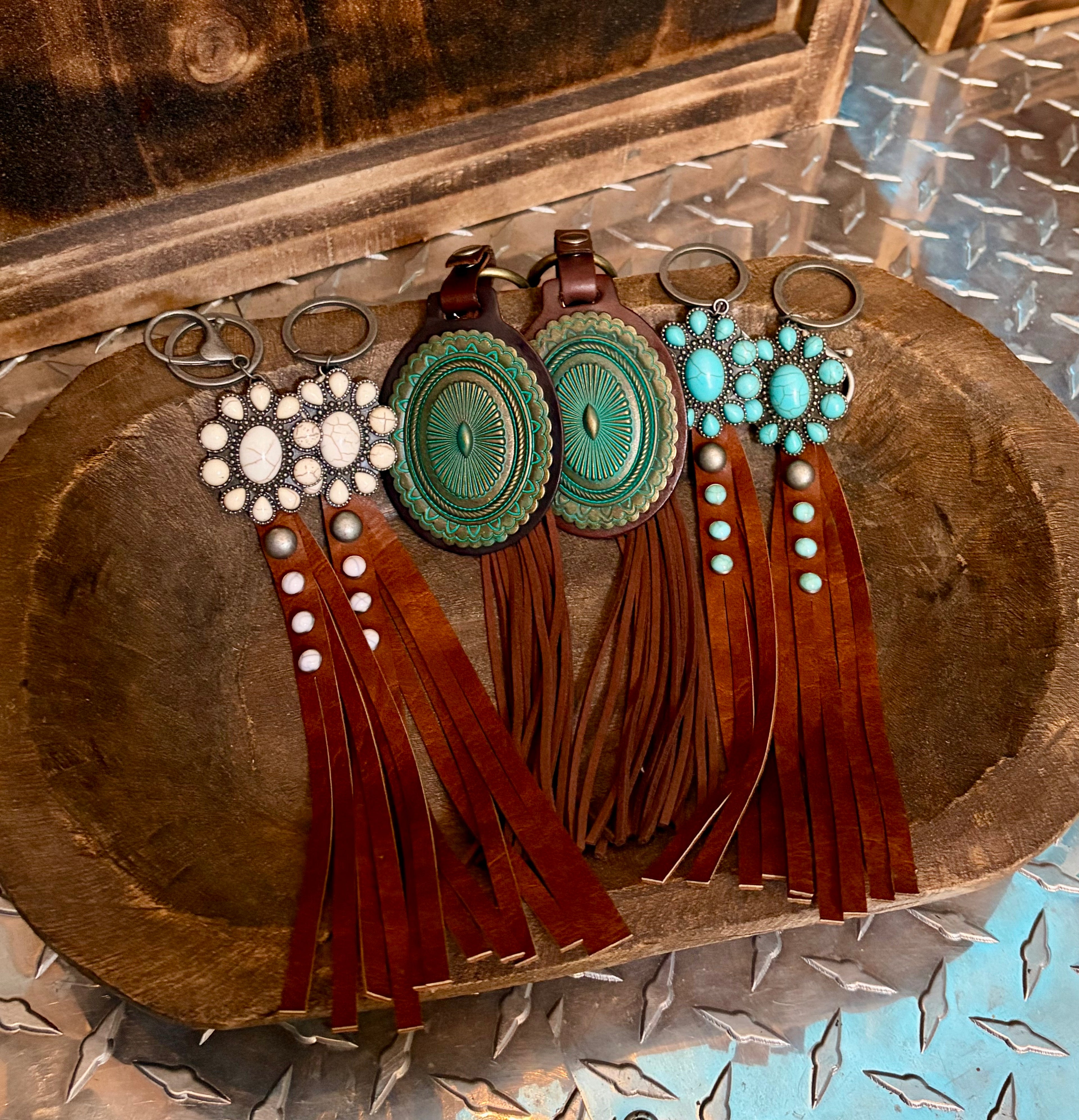 Turquoise Concho Keychain/Purse Charm w/ Fringe