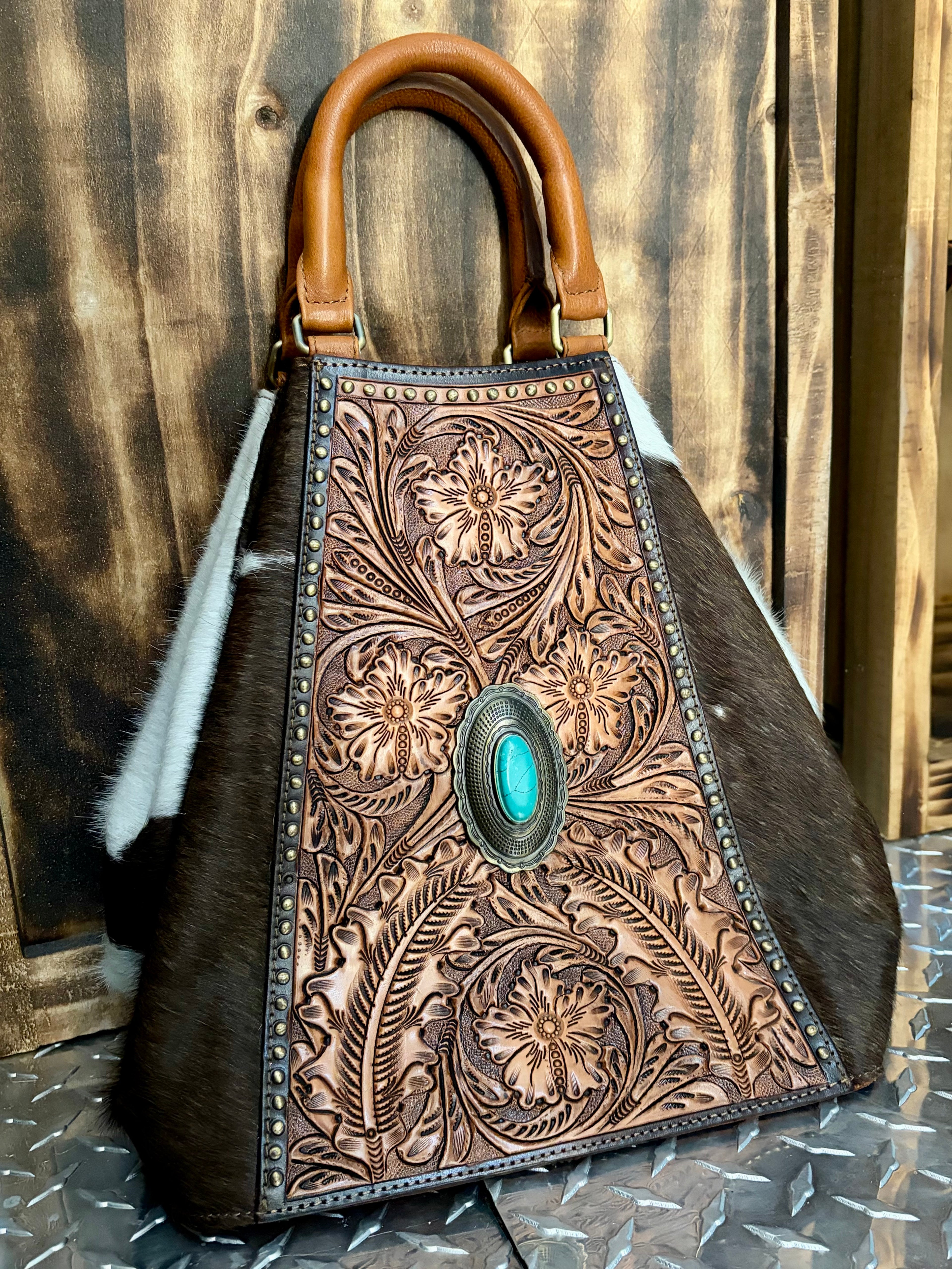 American Darling Tote w/ Tooled Leather & Turquoise Concho (Concealed Carry)