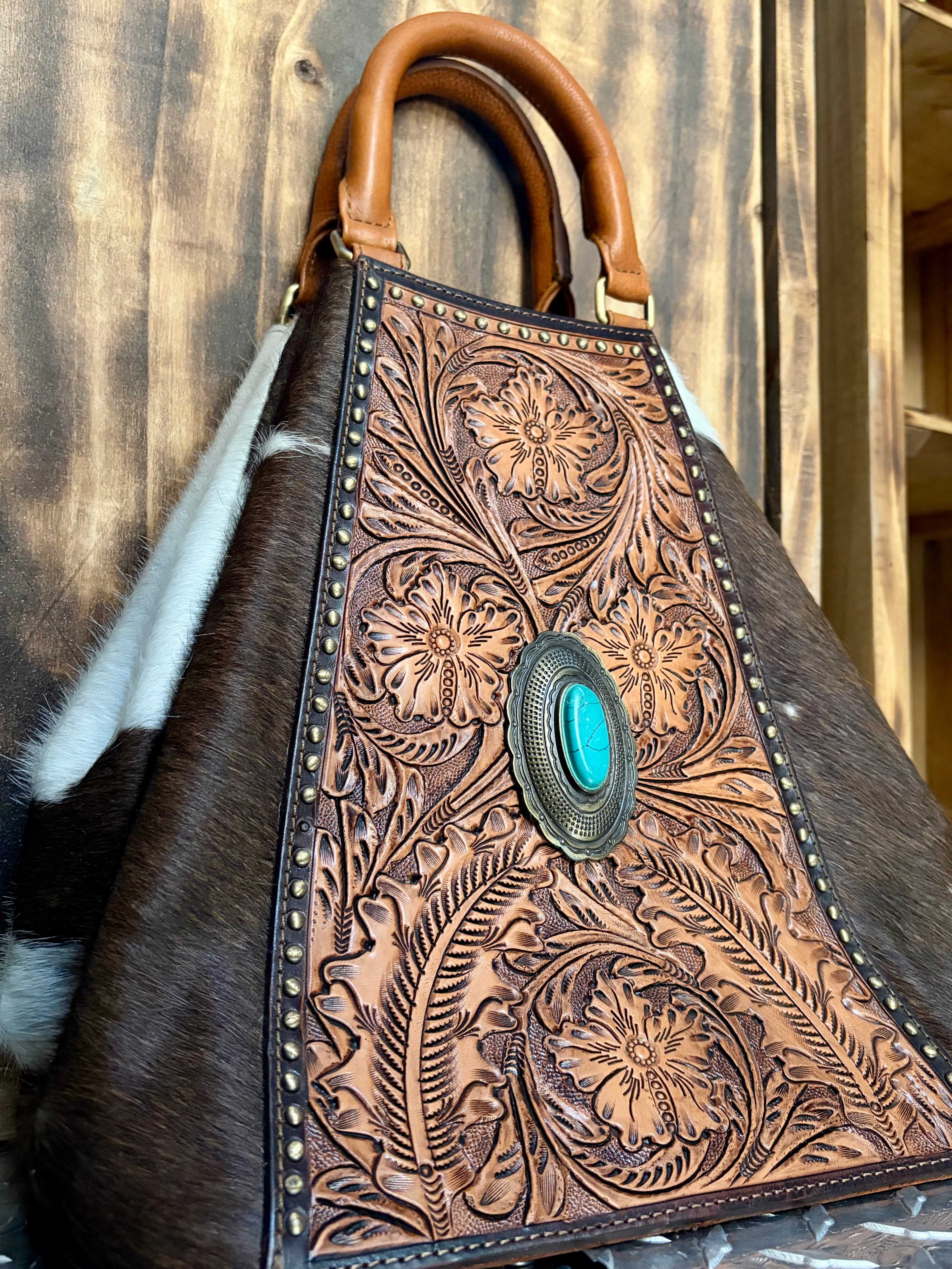 American Darling Tote w/ Tooled Leather & Turquoise Concho (Concealed Carry)