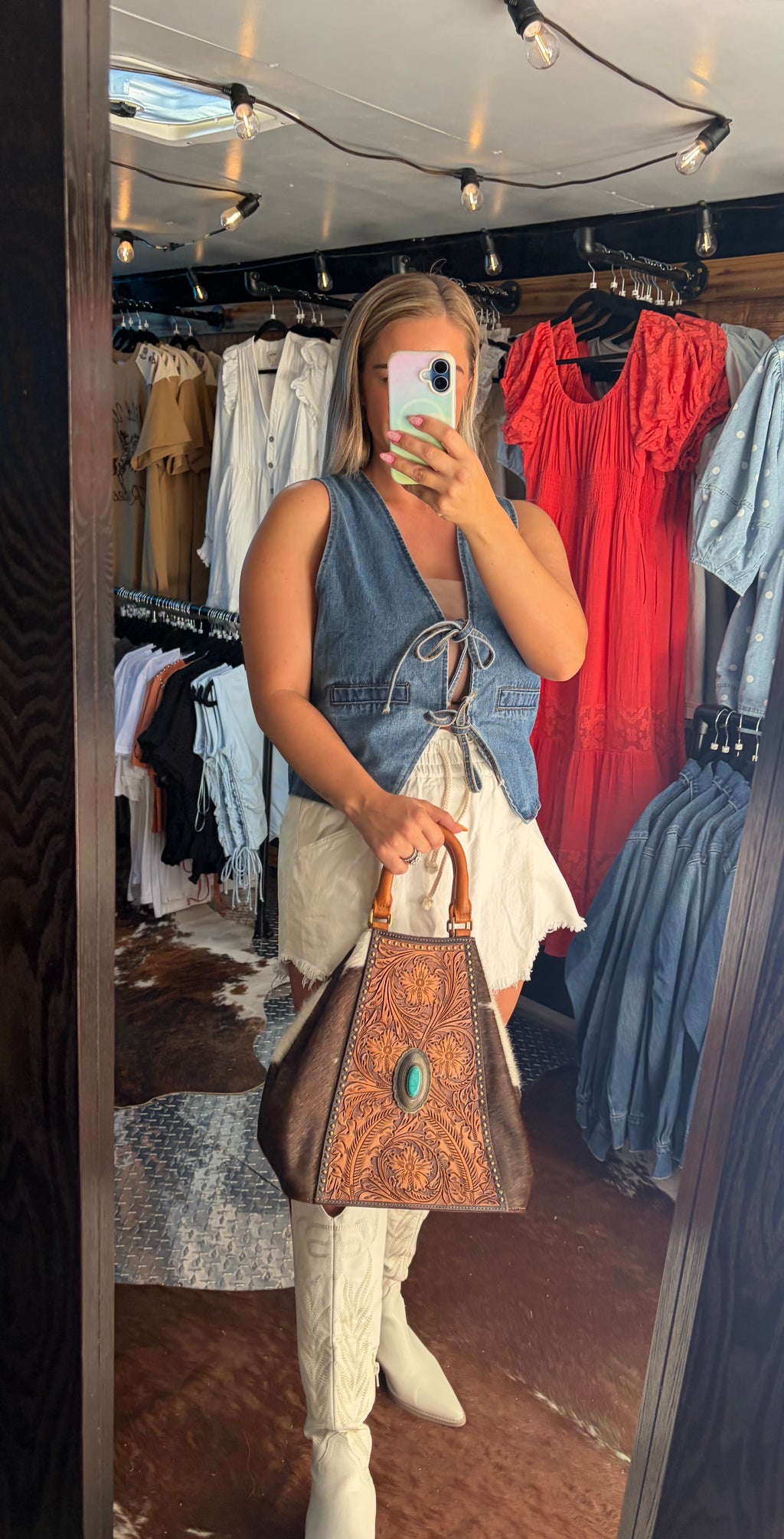 American Darling Tote w/ Tooled Leather & Turquoise Concho (Concealed Carry)