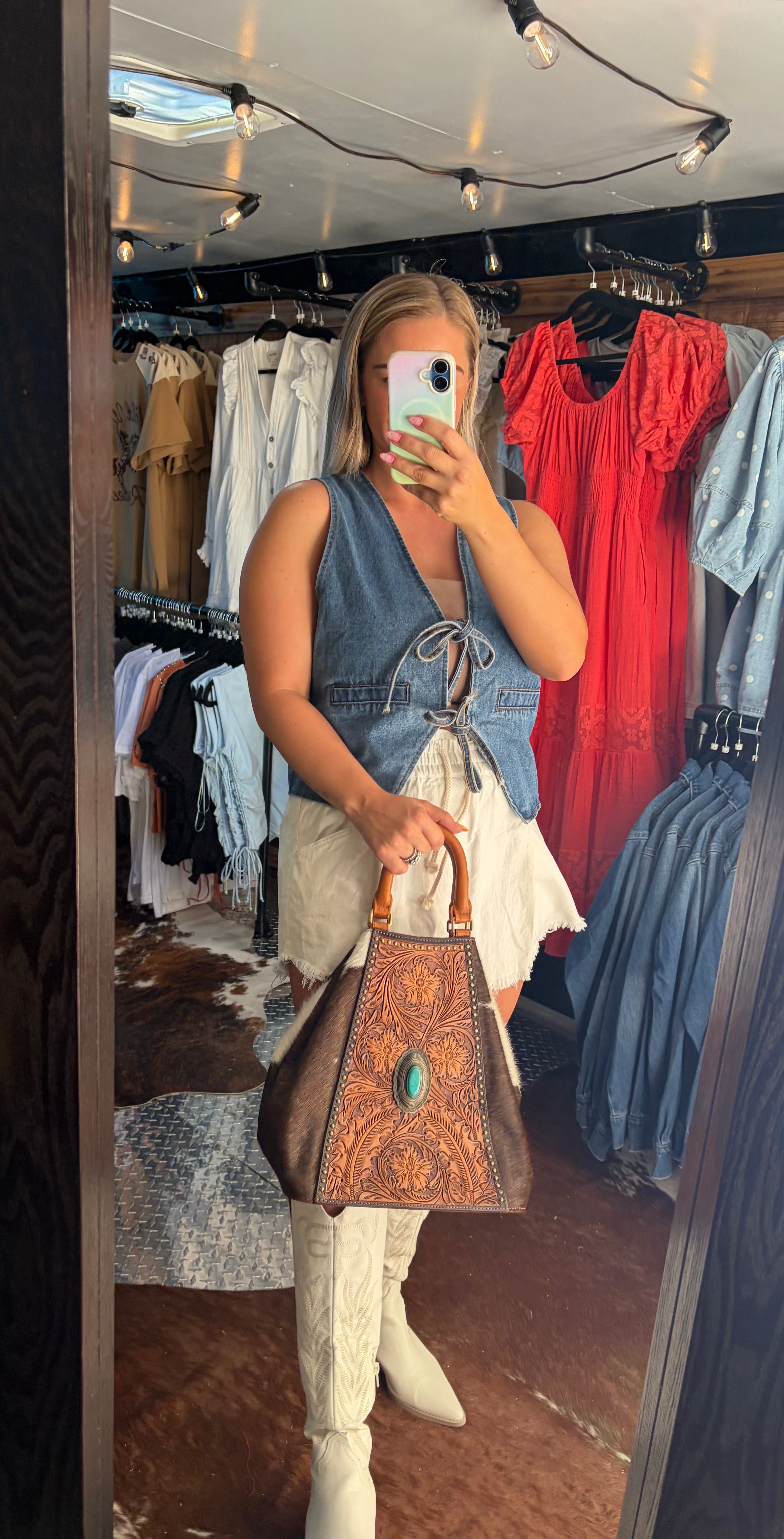 American Darling Tote w/ Tooled Leather & Turquoise Concho (Concealed Carry)