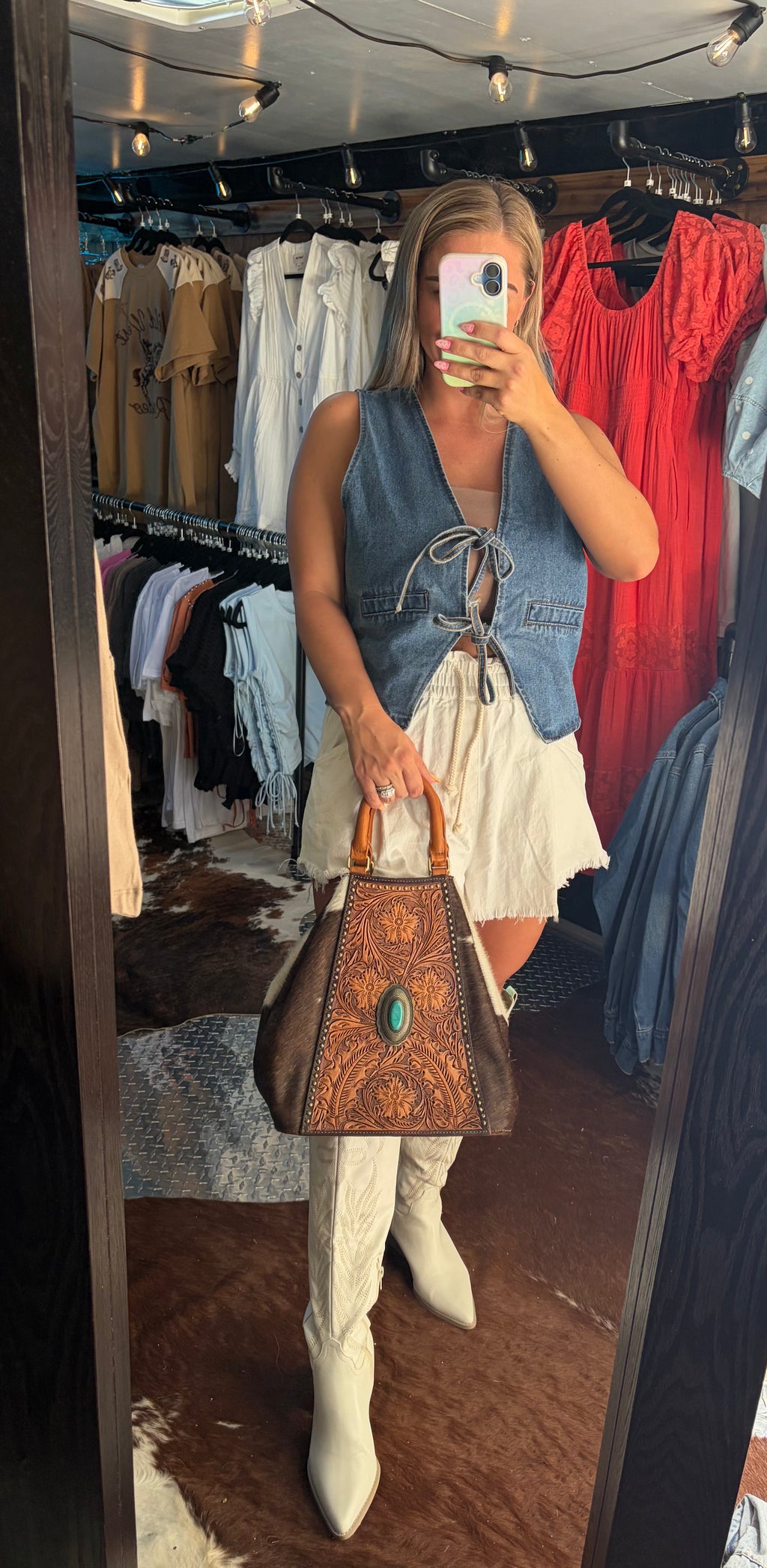 American Darling Tote w/ Tooled Leather & Turquoise Concho (Concealed Carry)