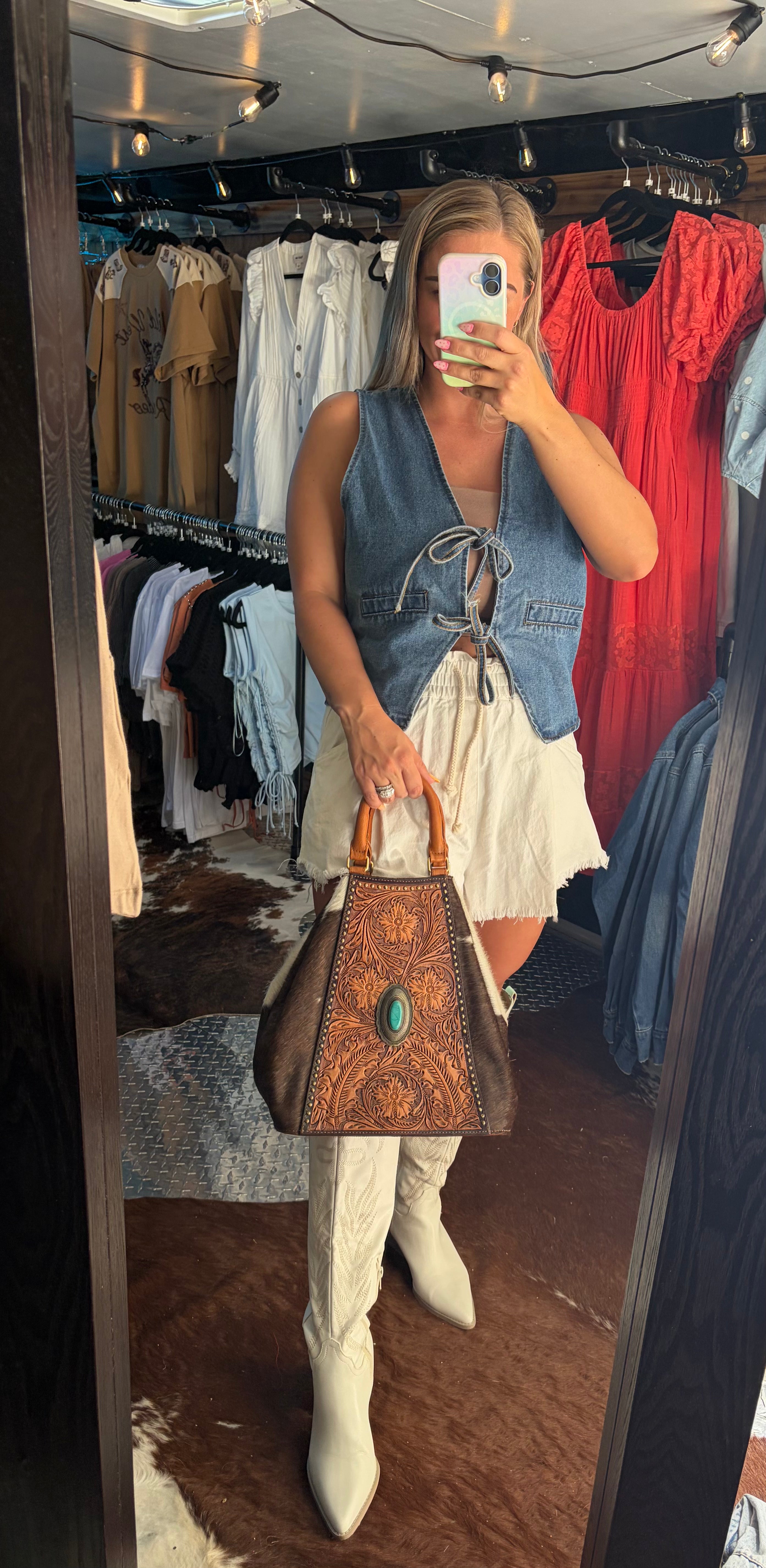 American Darling Tote w/ Tooled Leather & Turquoise Concho (Concealed Carry)