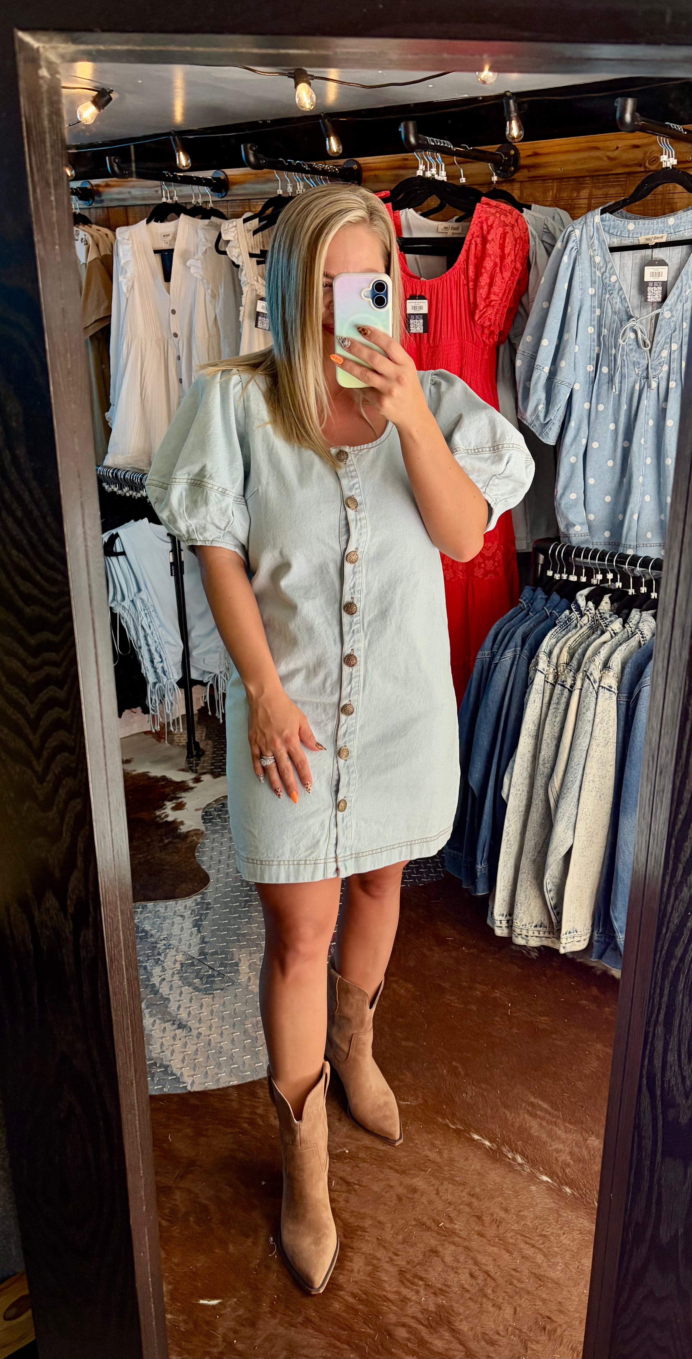 Light Denim Puff Sleeve Mini Dress