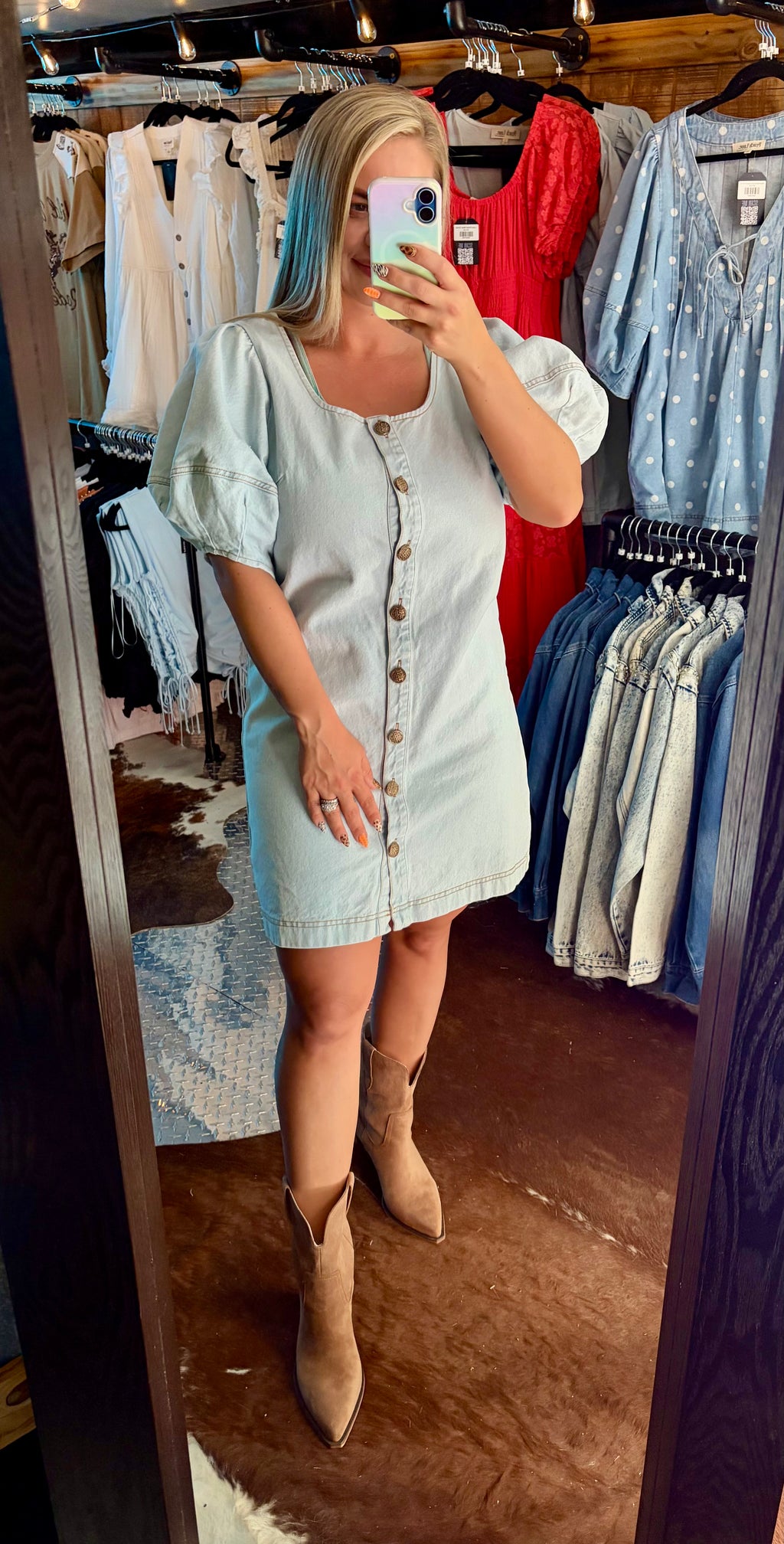 Light Denim Puff Sleeve Mini Dress