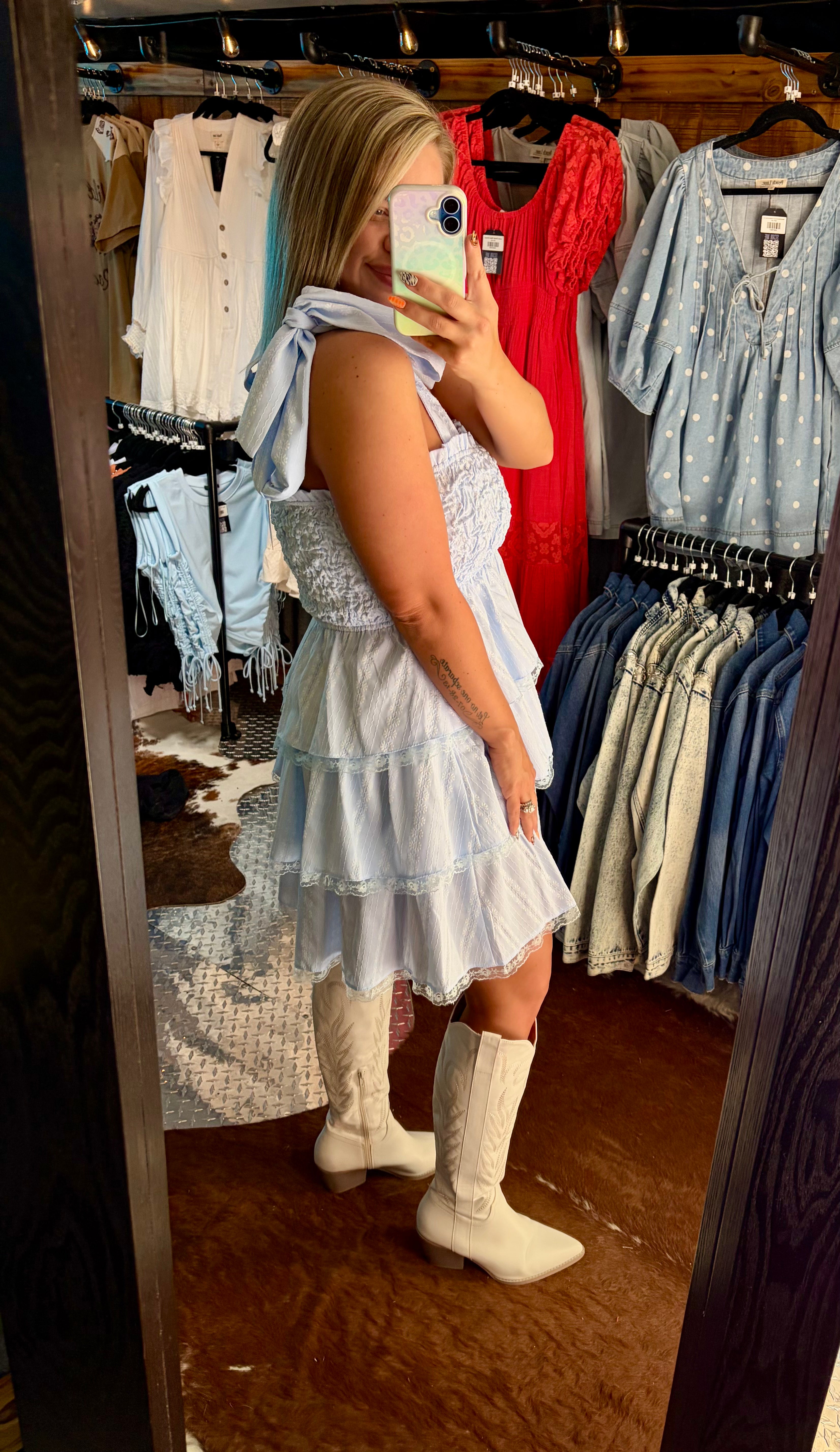 Smocked Embroidered Mini Dress