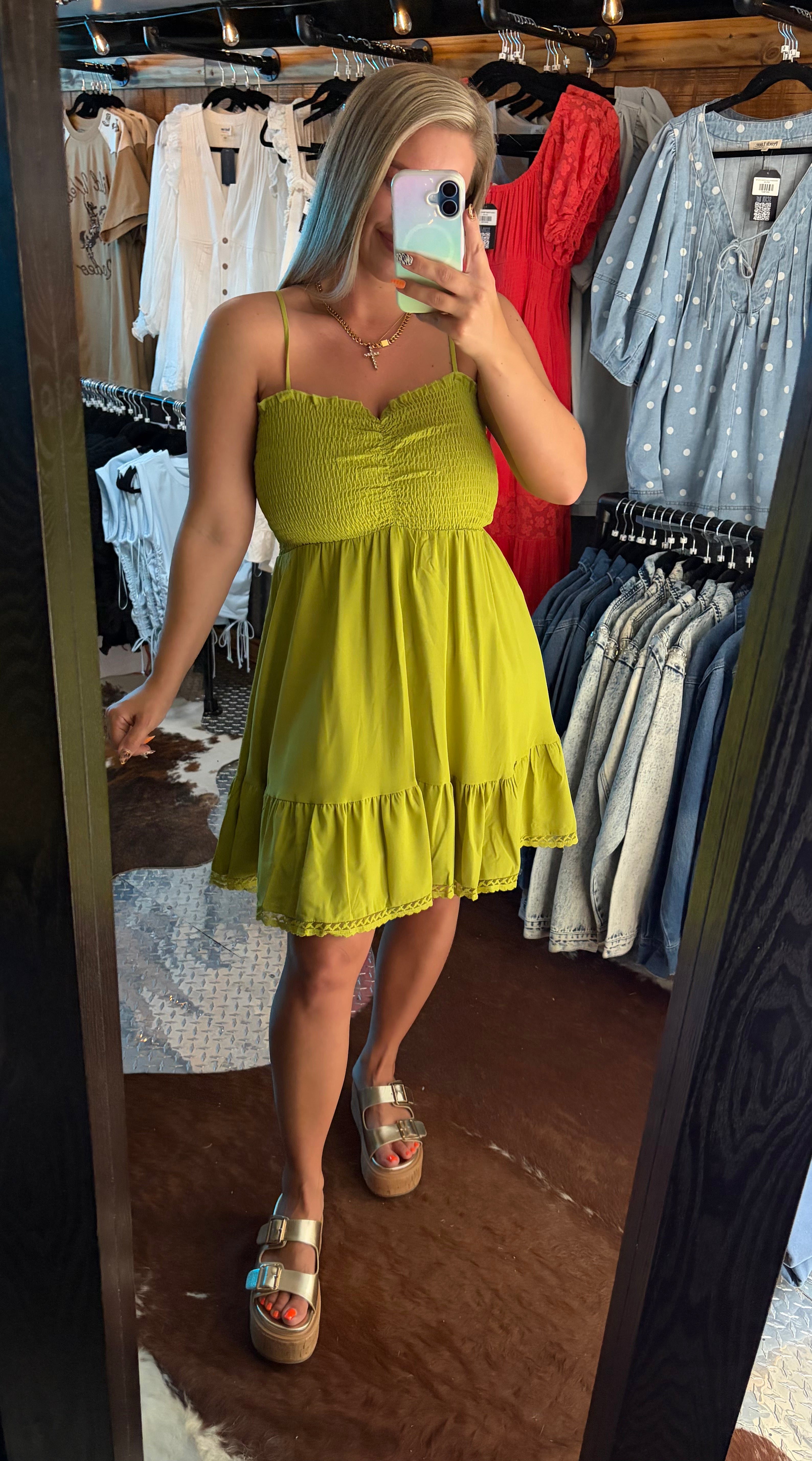 Lace Trim Smocked Mini Dress