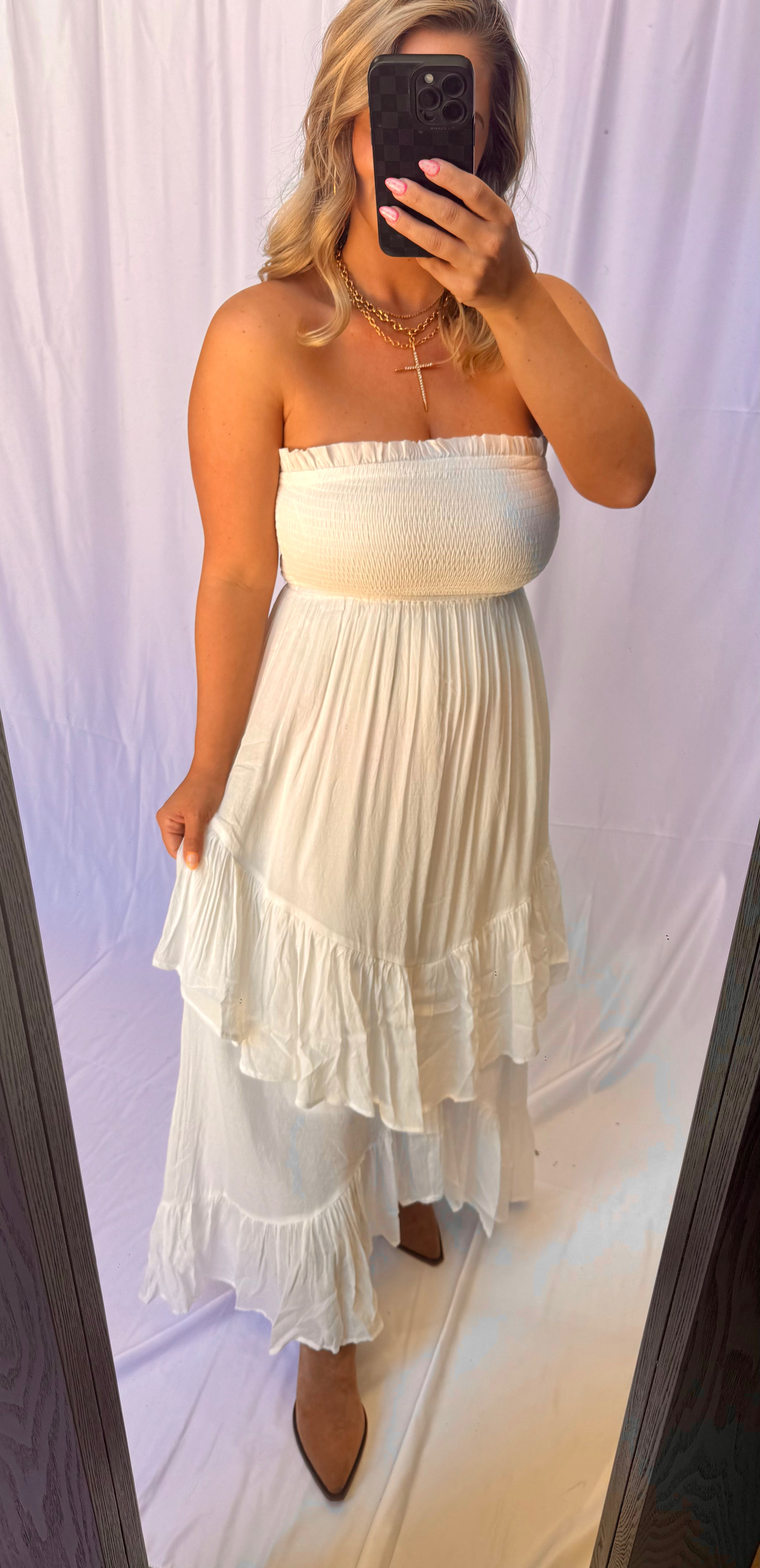 Boho Smocked Strapless Tiered Ruffled Midi Dress