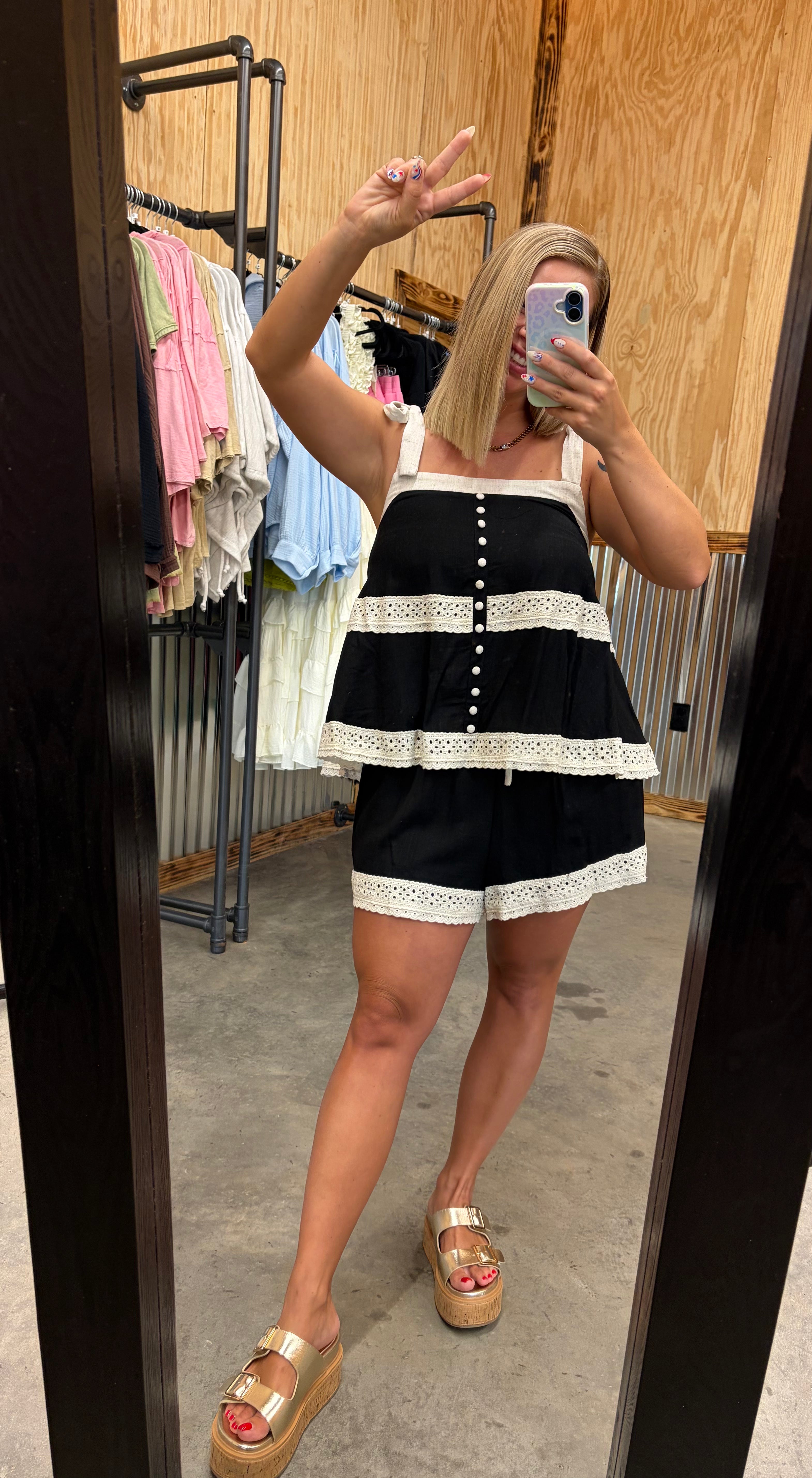 Lace Top & Shorts Set w/ Bow Straps