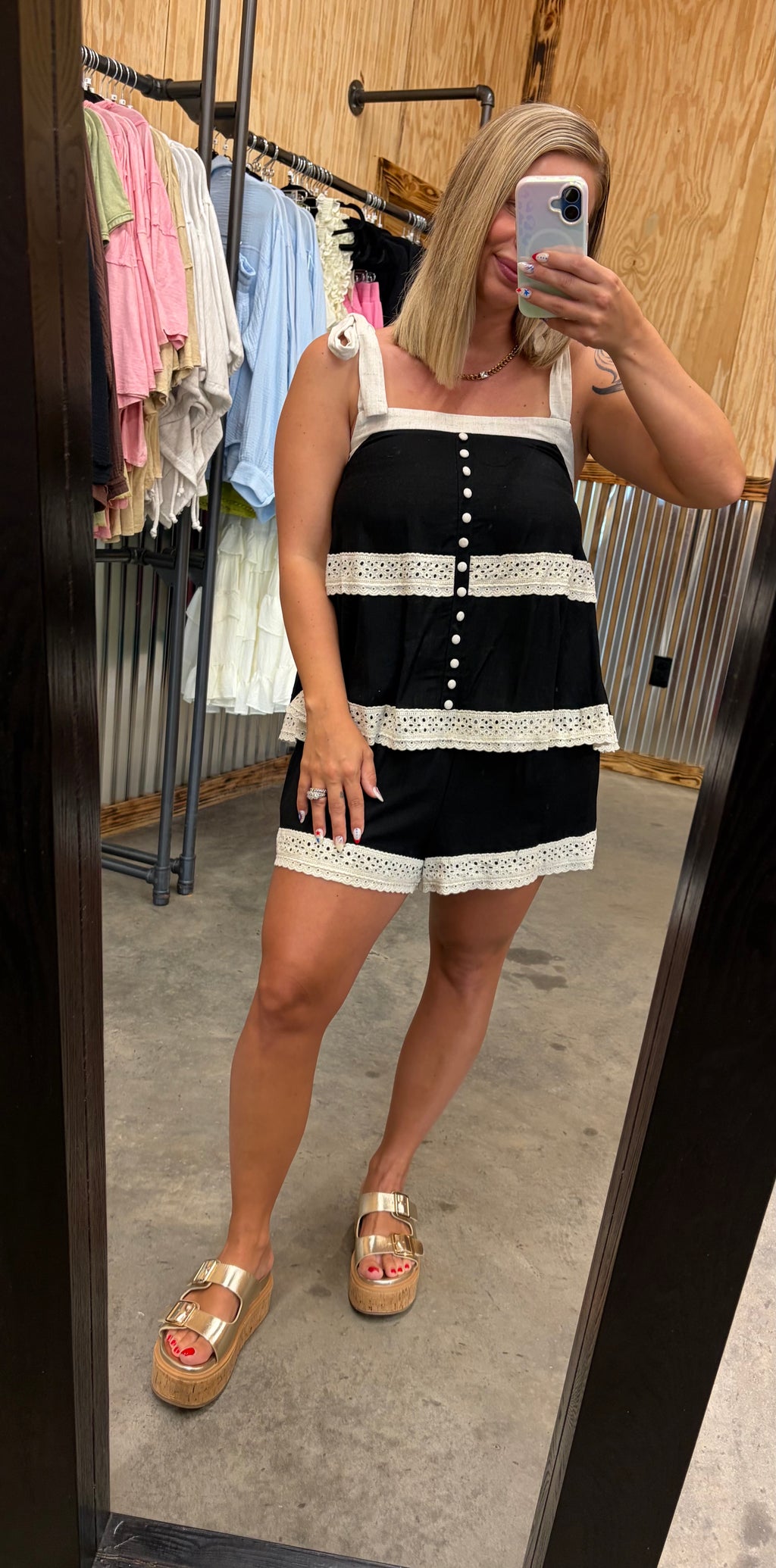 Lace Top & Shorts Set w/ Bow Straps
