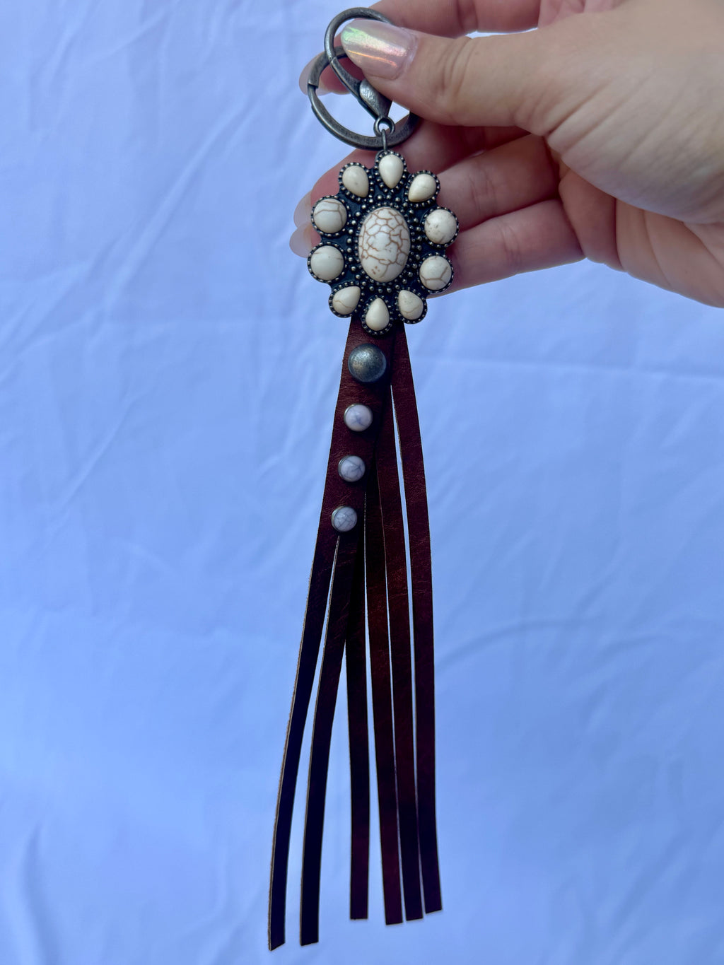 Cream Stone Key Chain/Purse Charm w/ Fringe