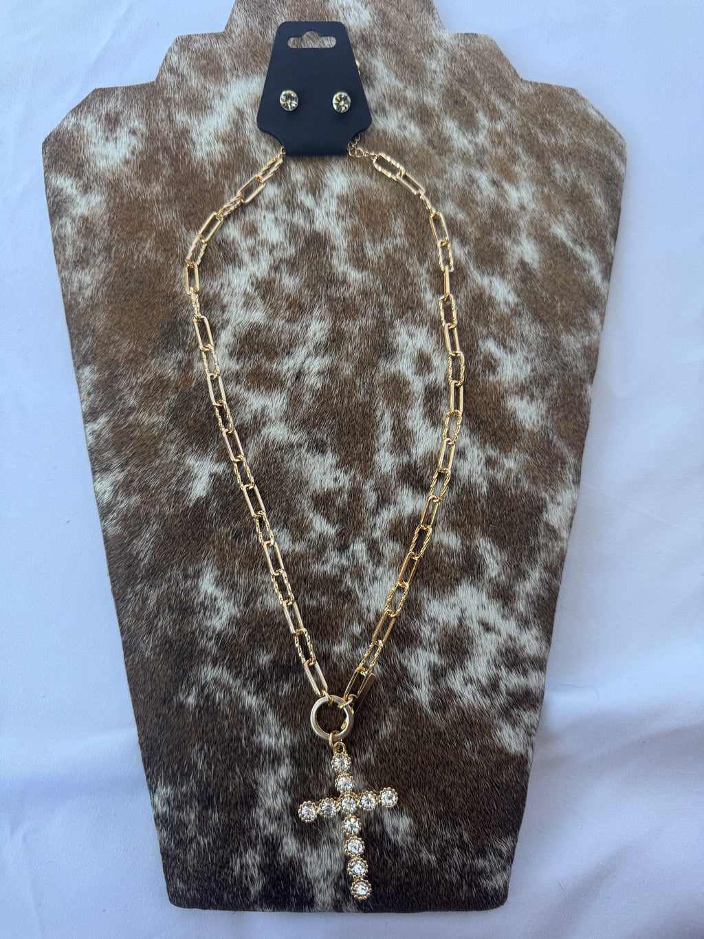Gold Diamond Cross Necklace & Earring Set