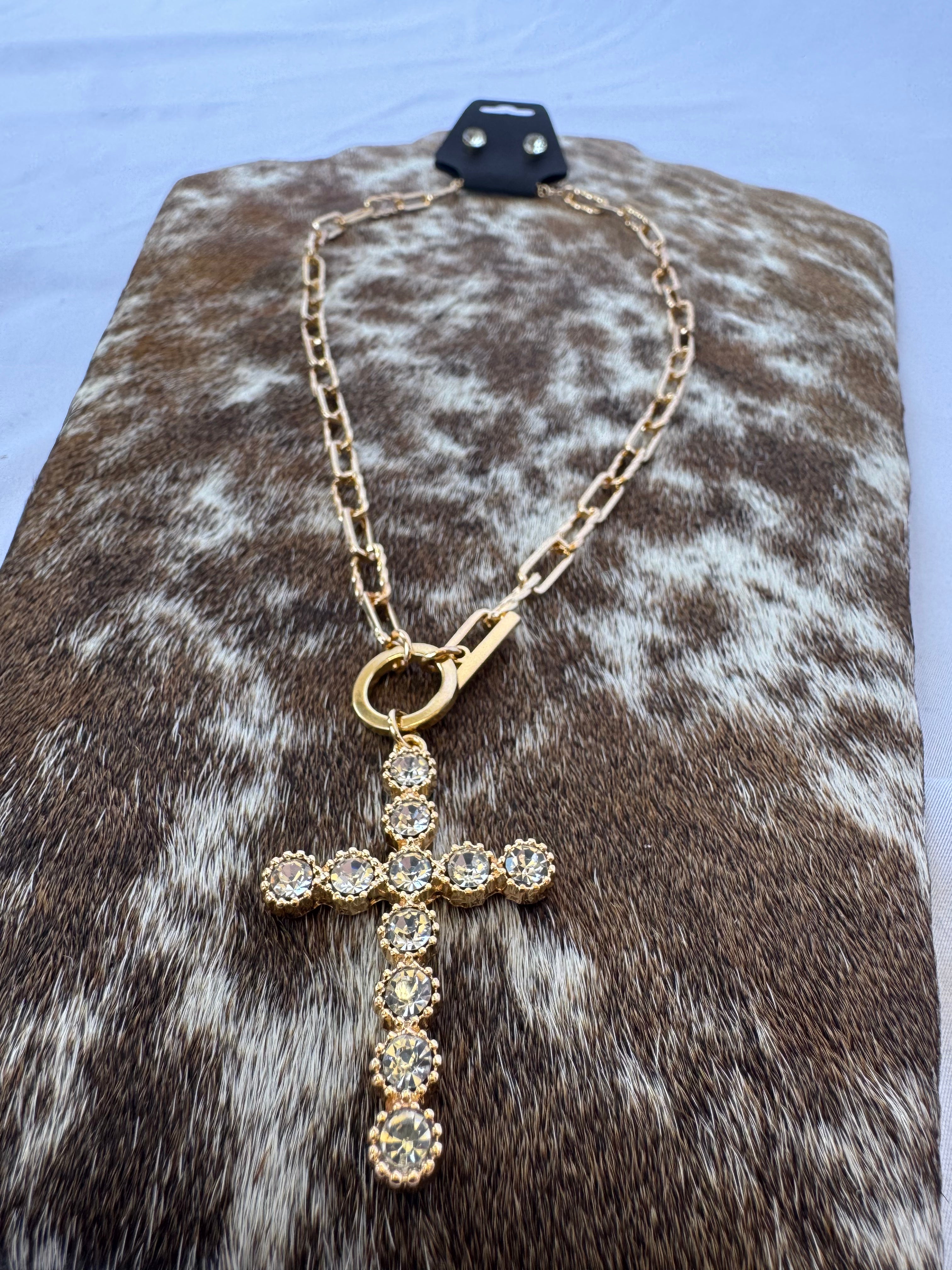 Gold Diamond Cross Necklace & Earring Set
