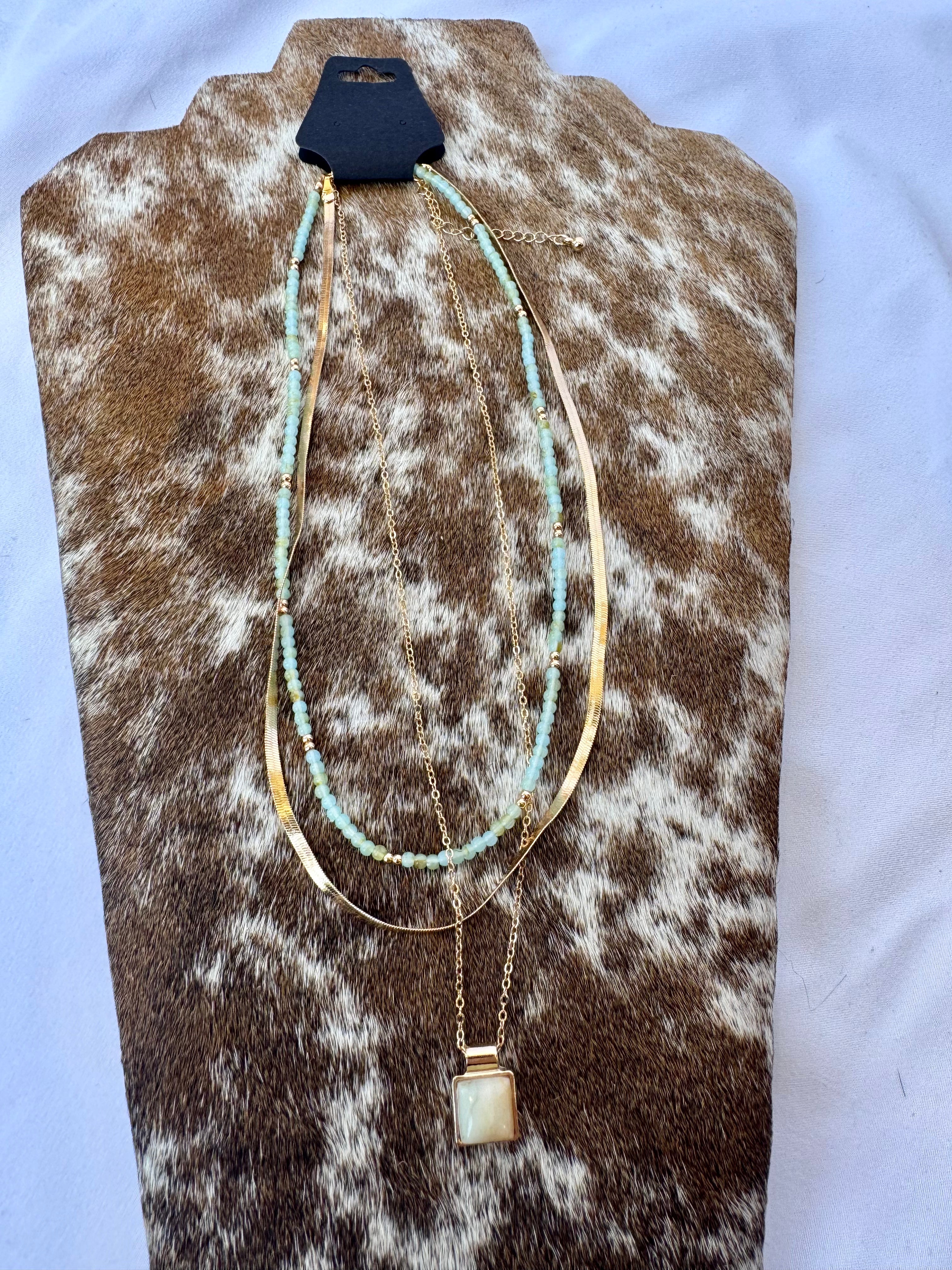 Layered Beachy Necklace w/ Light Blue Stone