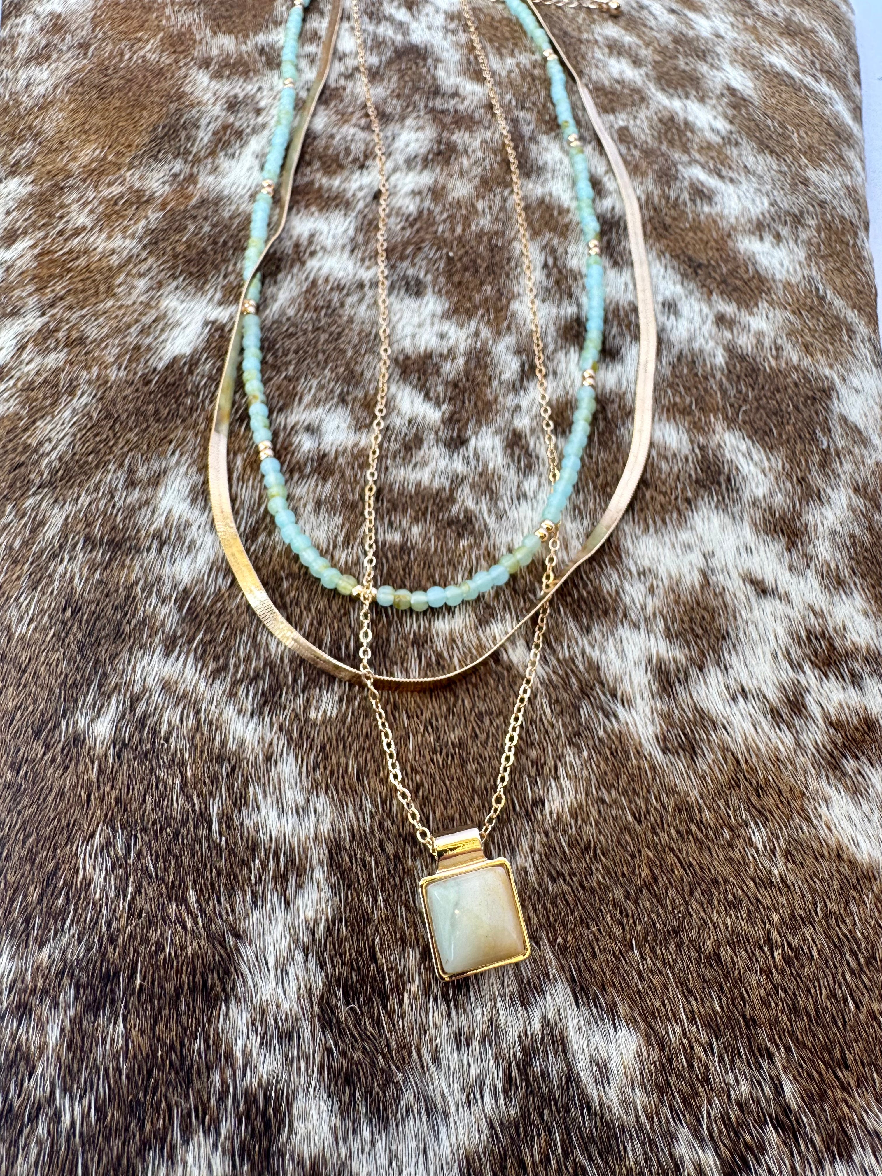 Layered Beachy Necklace w/ Light Blue Stone