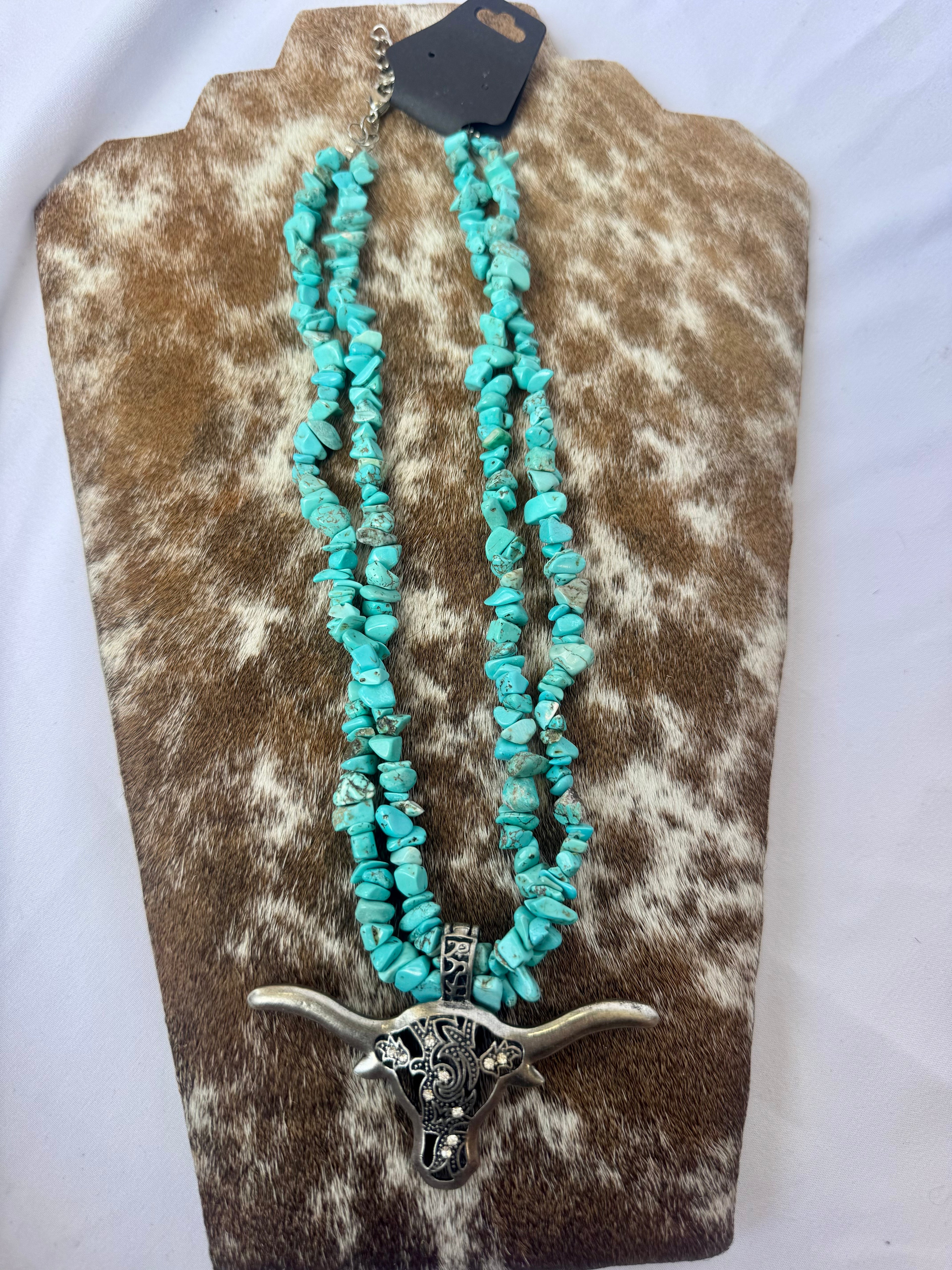 Turquoise Stone Beaded Necklace w/ Longhorn
