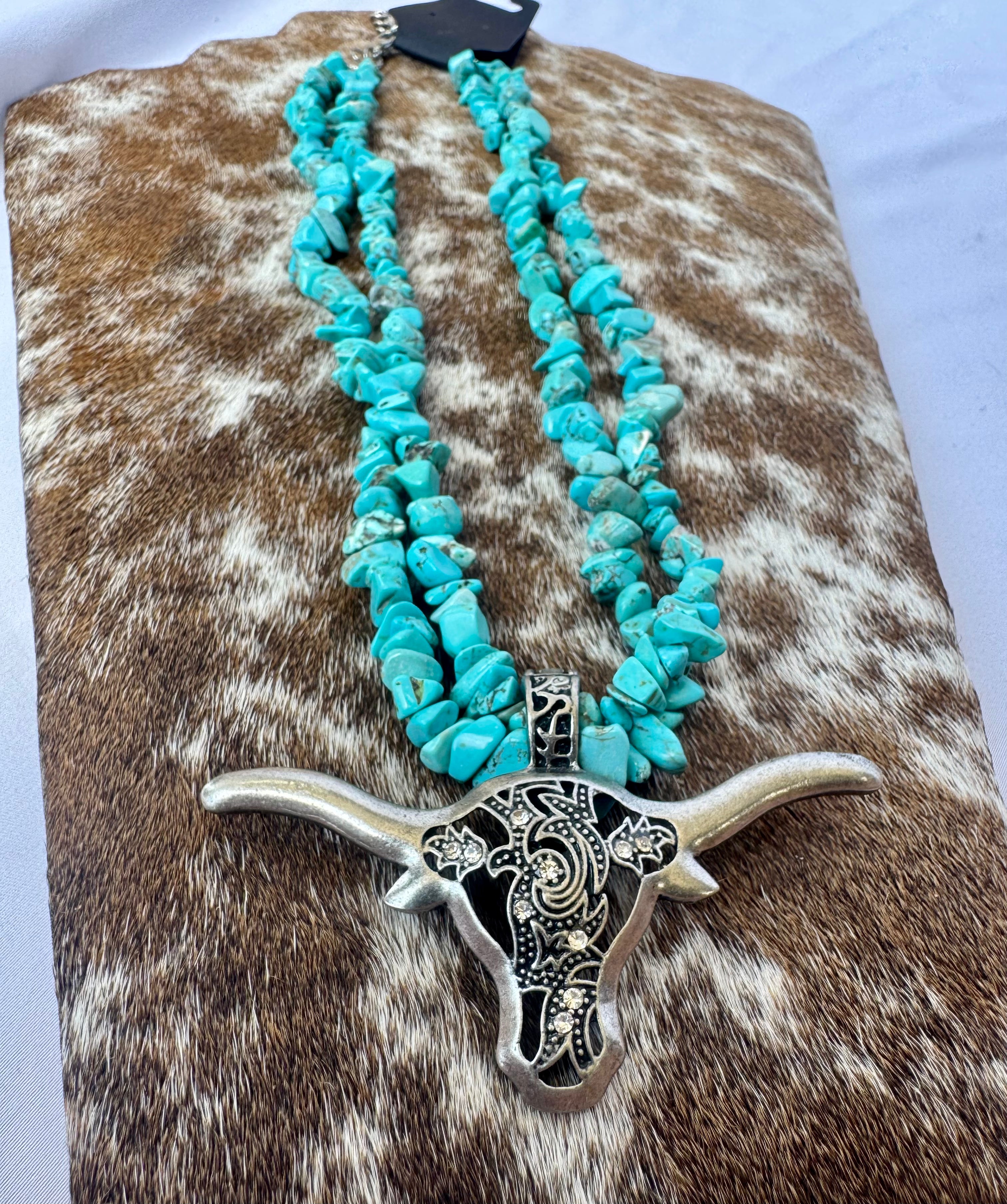 Turquoise Stone Beaded Necklace w/ Longhorn