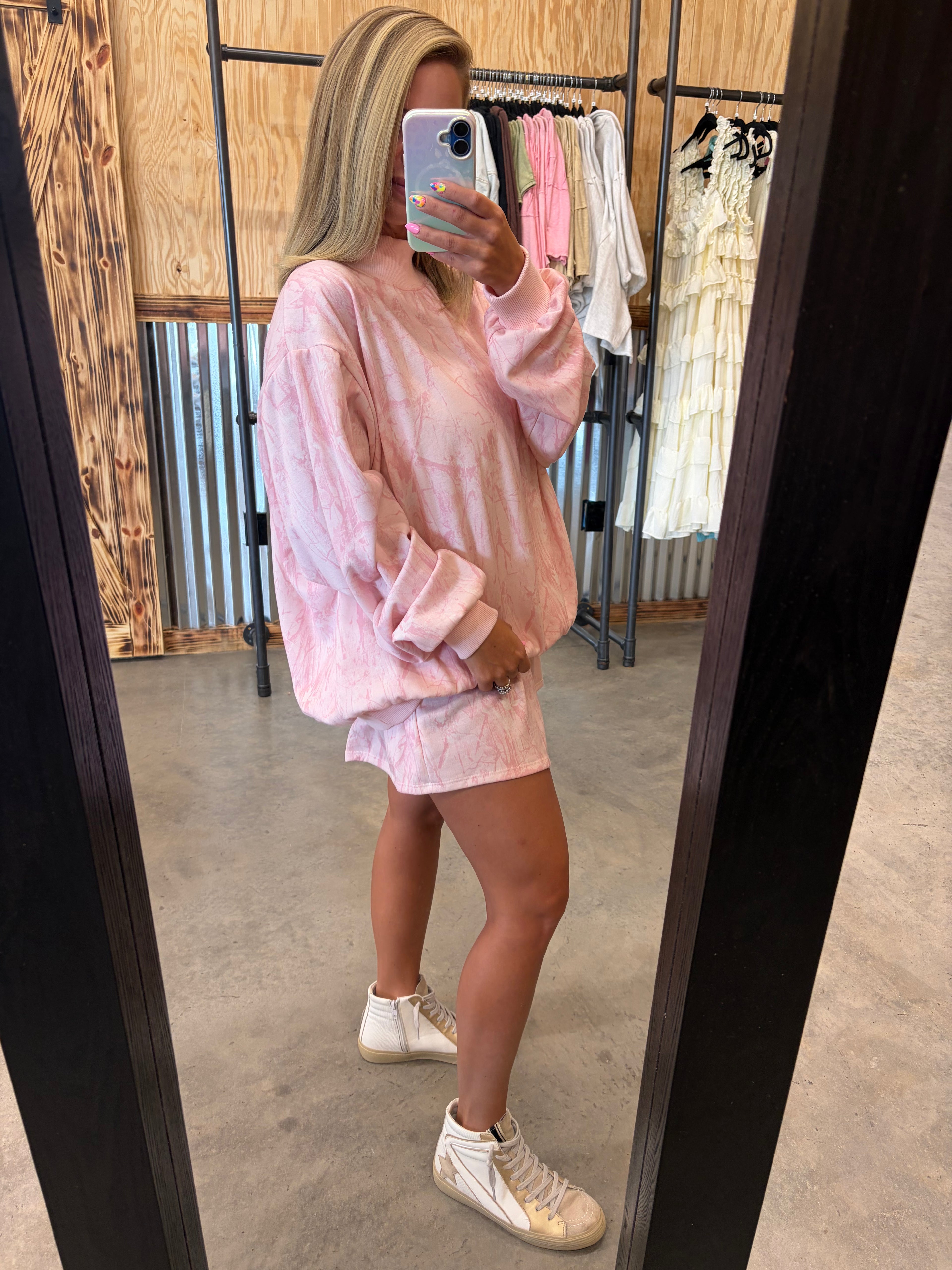 Pink Camo Oversized Mock Neck Sweatshirt & Shorts Set
